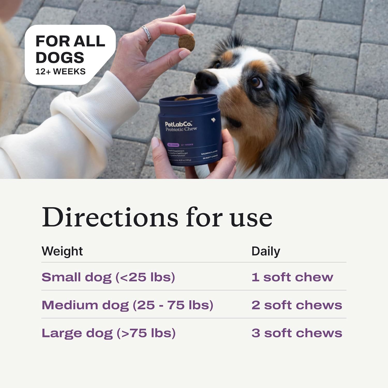 Provides clear dosage instructions based on dog weight to help shoppers understand how to properly administer the probiotic chews to their pets.