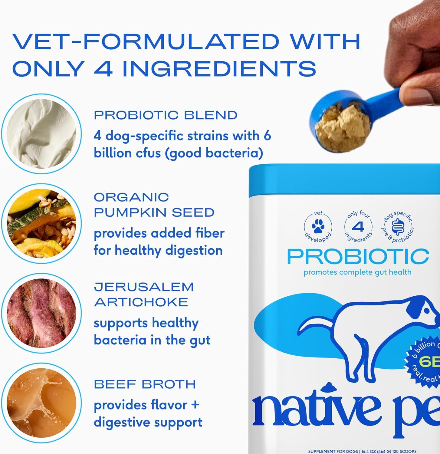 Communicates multiple distinct benefits of the probiotic supplement including its simple vet-formulated ingredients, digestive support, gut health, and flavor to reassure pet owners of the product's…