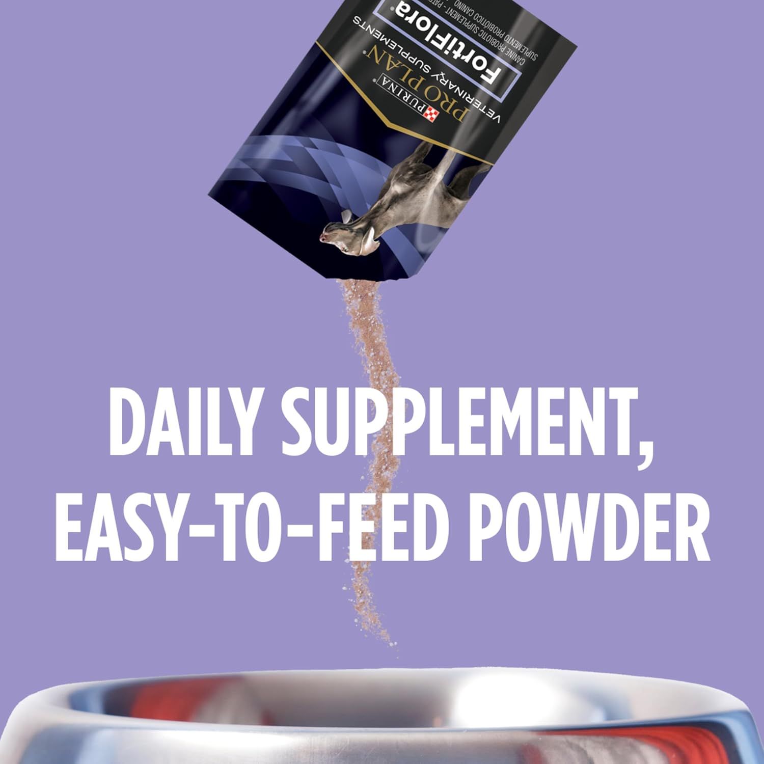 Demonstrates how simple it is to use the product by showing the powder being poured directly from the bag into a pet bowl, emphasizing convenience for daily supplementation. Highlights the product's…