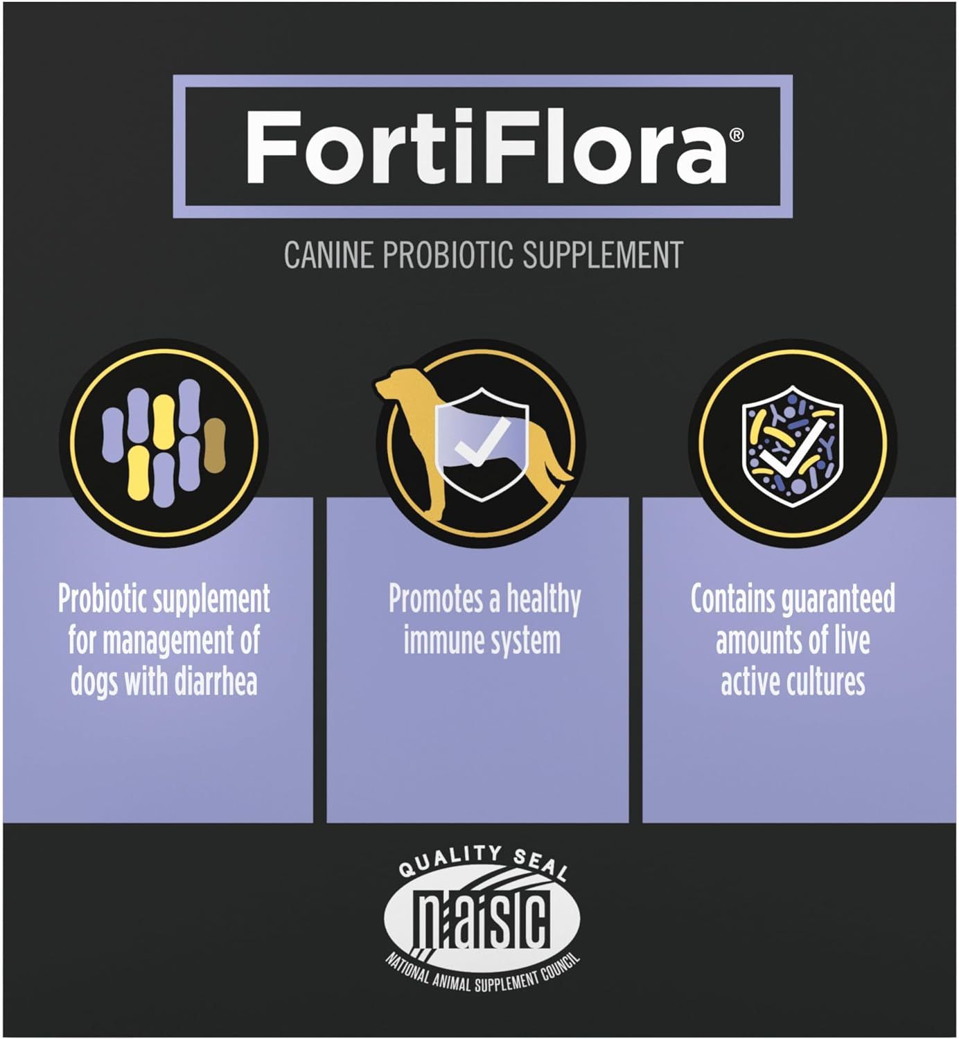 Communicates three distinct benefits of the canine probiotic supplement in a segmented layout to show comprehensive health support for dogs.
