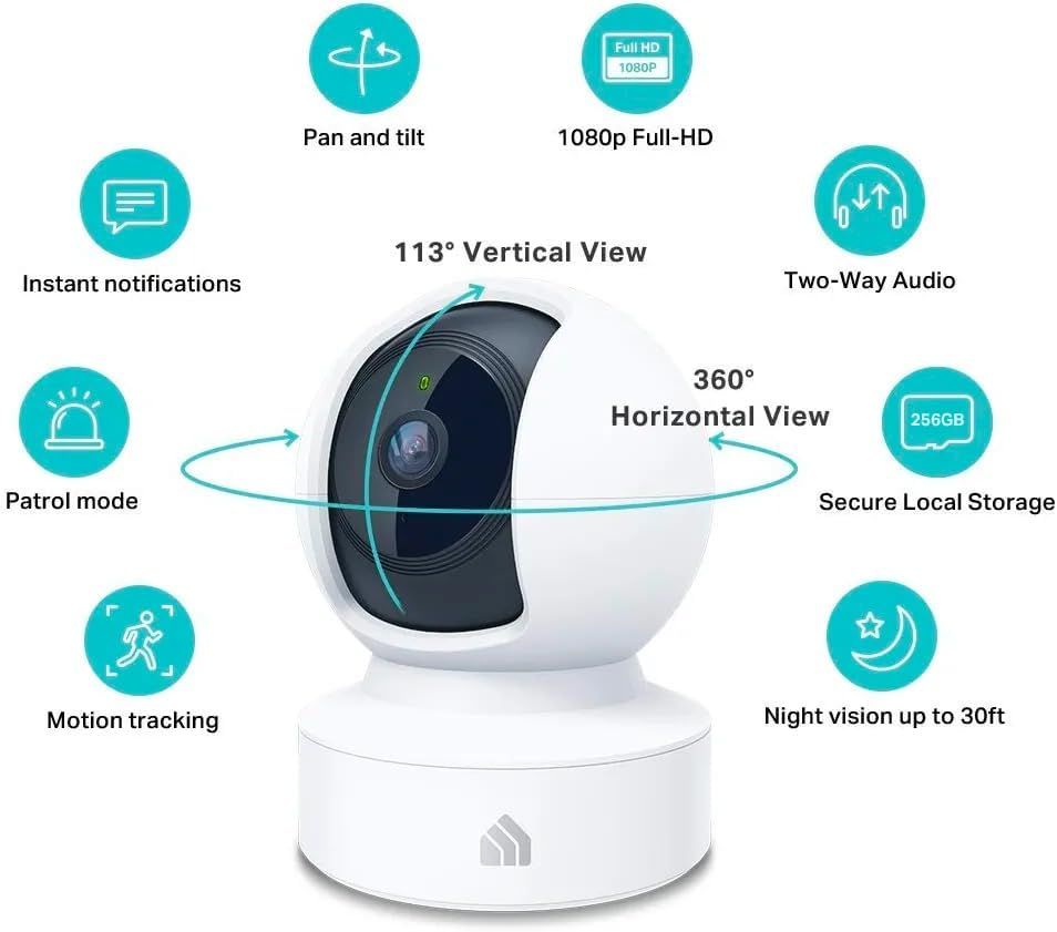 Showcases the comprehensive feature set of this security camera in a visually segmented layout, highlighting multiple distinct benefits including video quality, viewing angles, storage, audio, and…