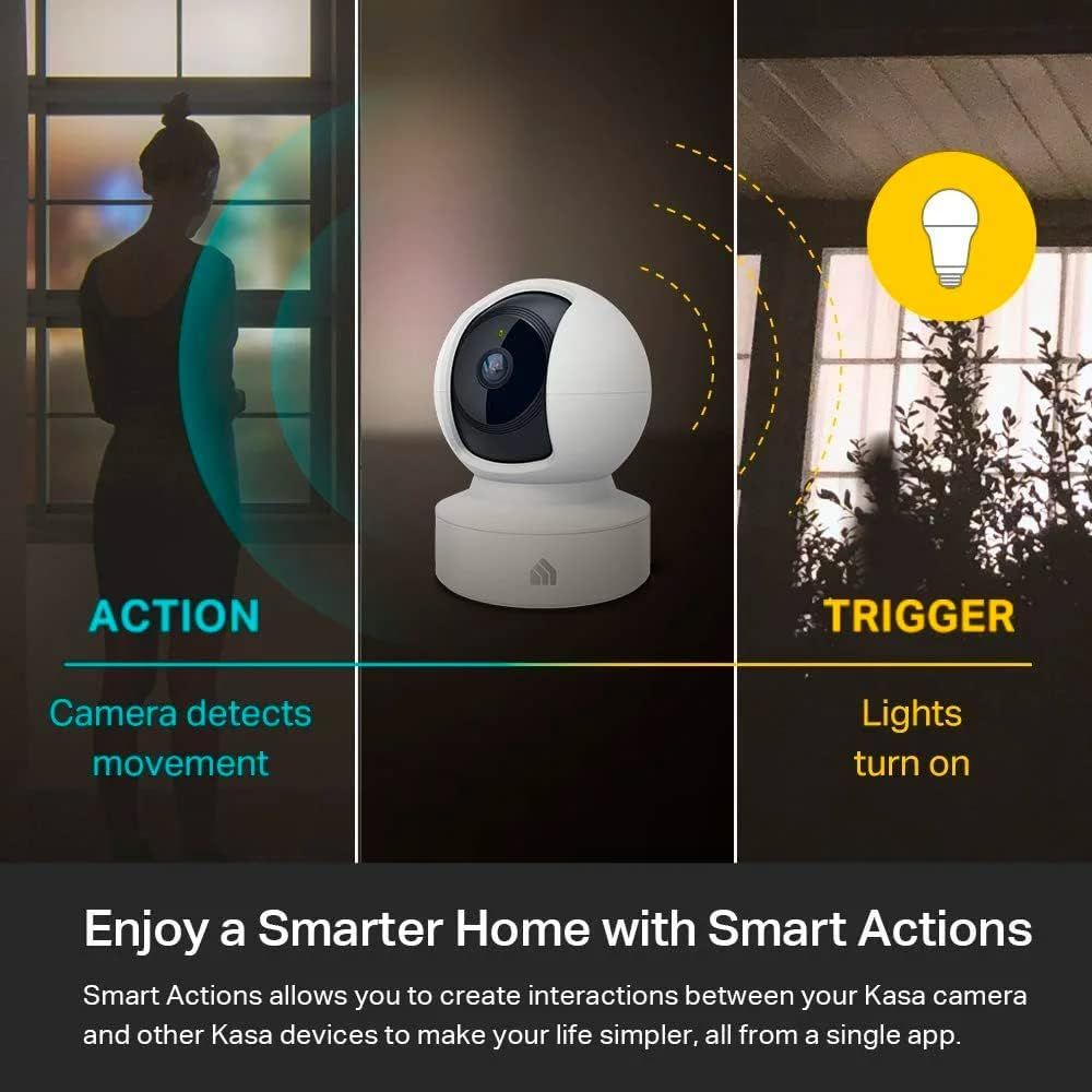 Demonstrates how the camera's motion detection can automatically trigger smart lights to turn on, showing shoppers the product's smart home integration and automation capabilities. Shows the…