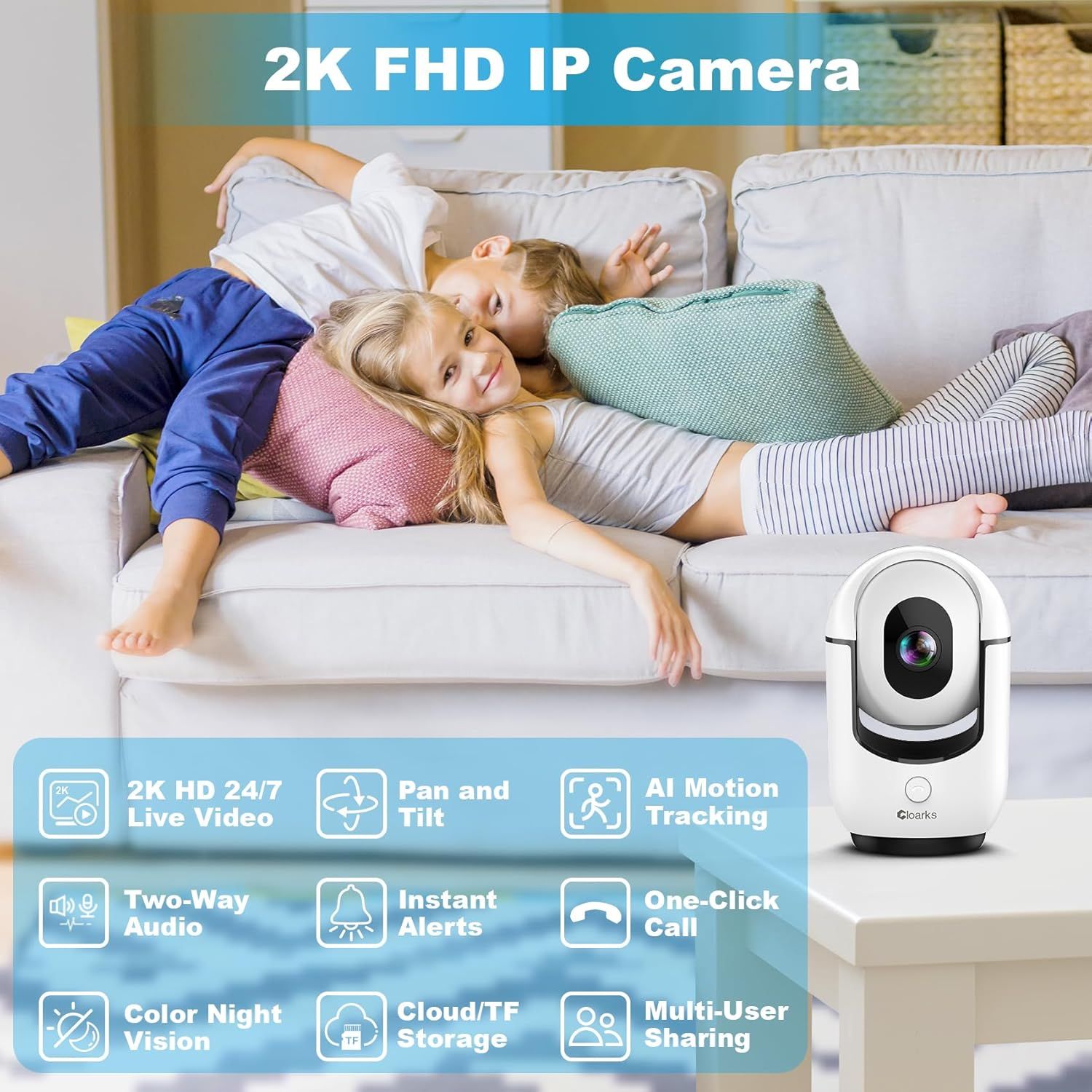 Communicates the comprehensive feature set of the IP camera to demonstrate its versatility and value as a home monitoring solution, reassuring shoppers of its advanced capabilities.