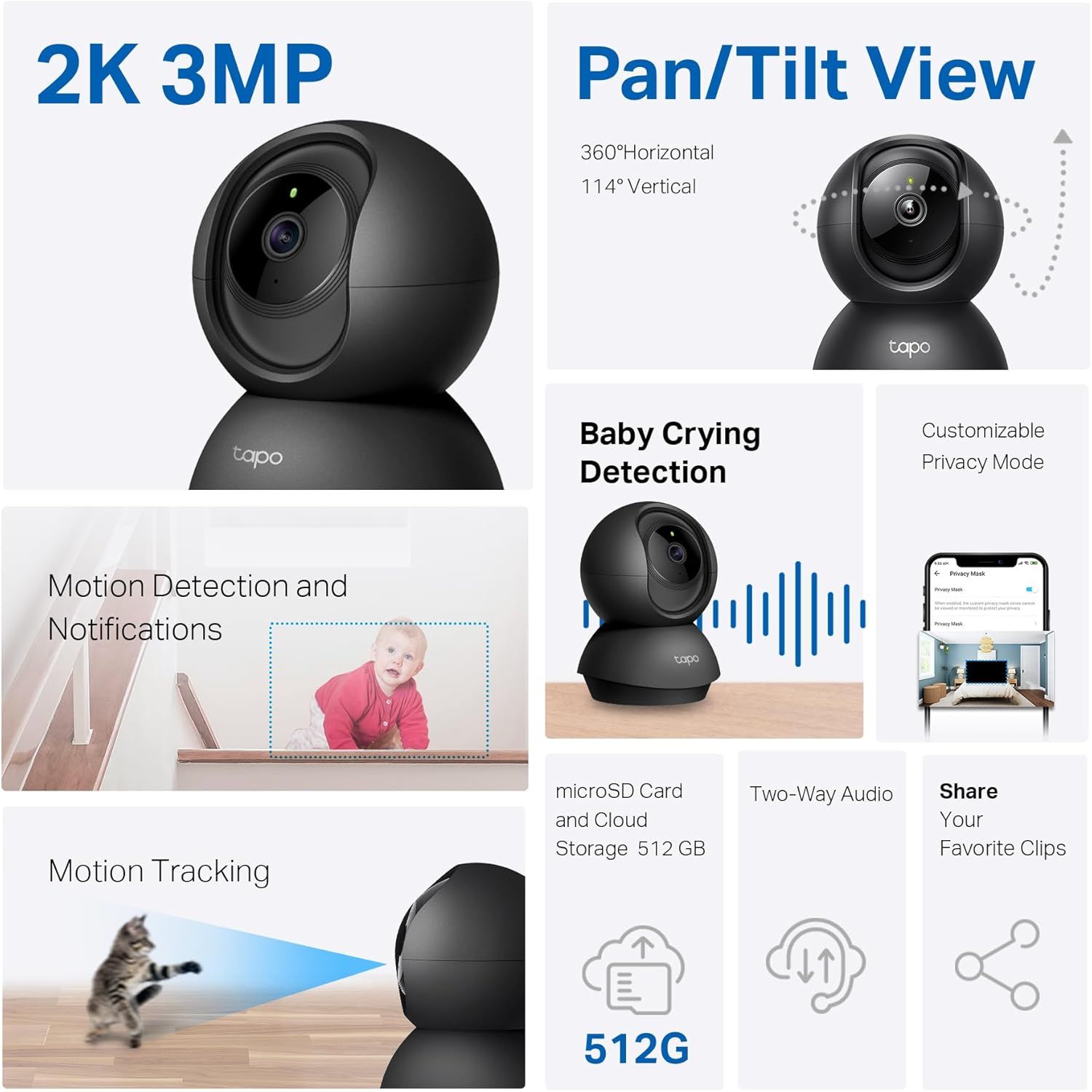 This image showcases multiple distinct features and benefits of the security camera in a segmented grid layout, helping shoppers understand the comprehensive capabilities of the product including…