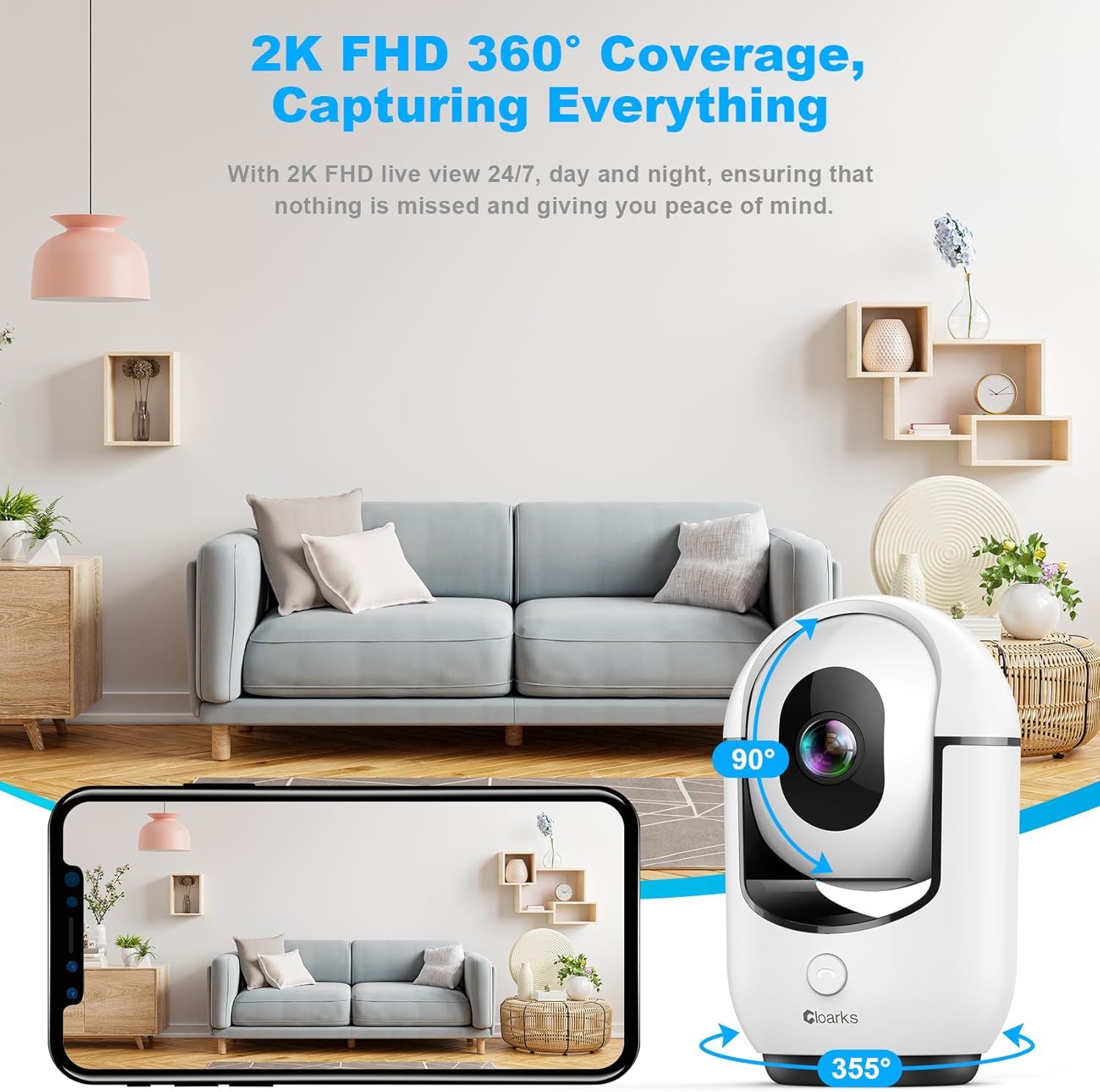 Highlights the camera's high-resolution 2K FHD video quality and complete 360-degree coverage capability to reassure shoppers of comprehensive surveillance and peace of mind. Demonstrates the…