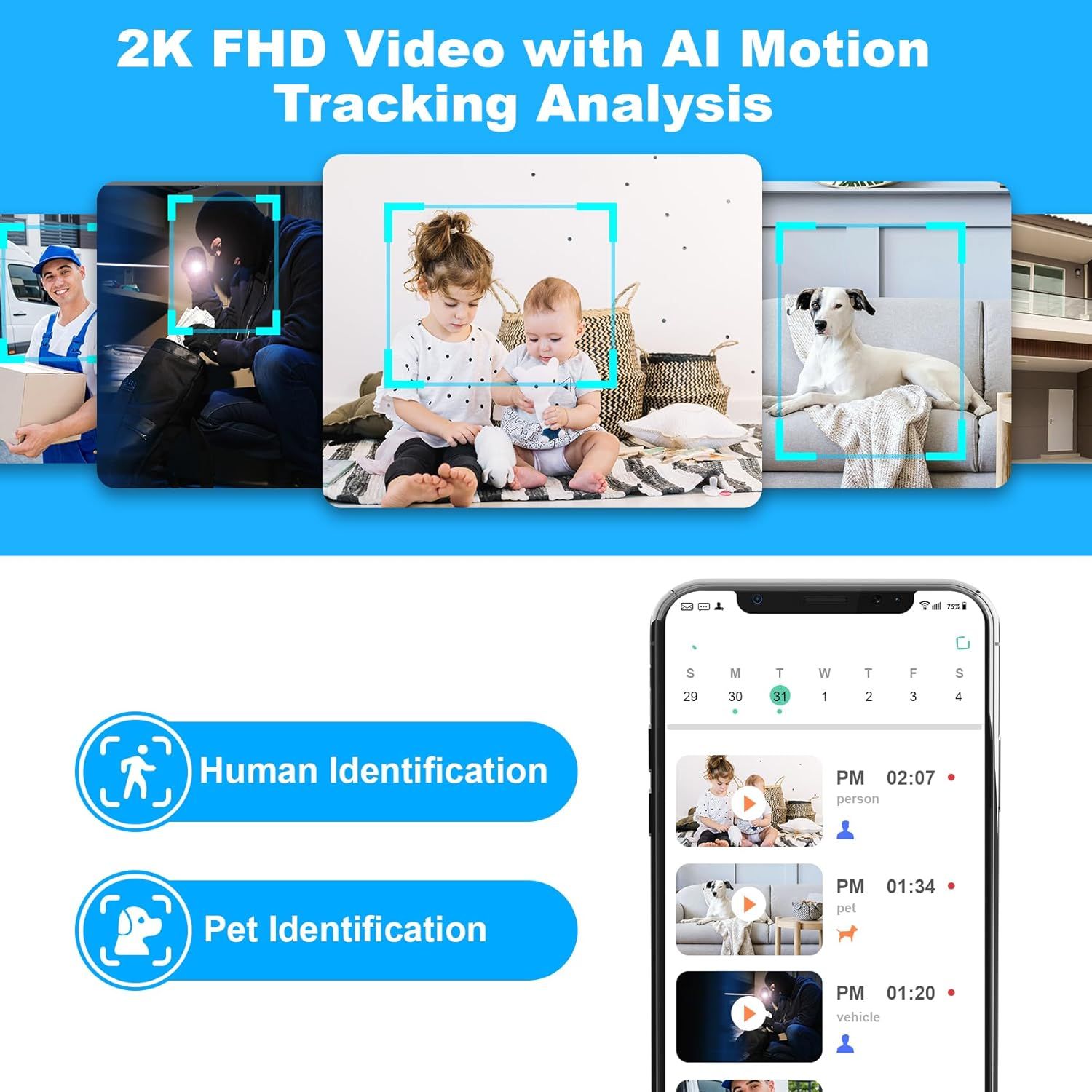 Communicates the security camera's multiple advanced features including high-resolution video, AI-powered motion tracking, and intelligent identification capabilities to reassure shoppers of…