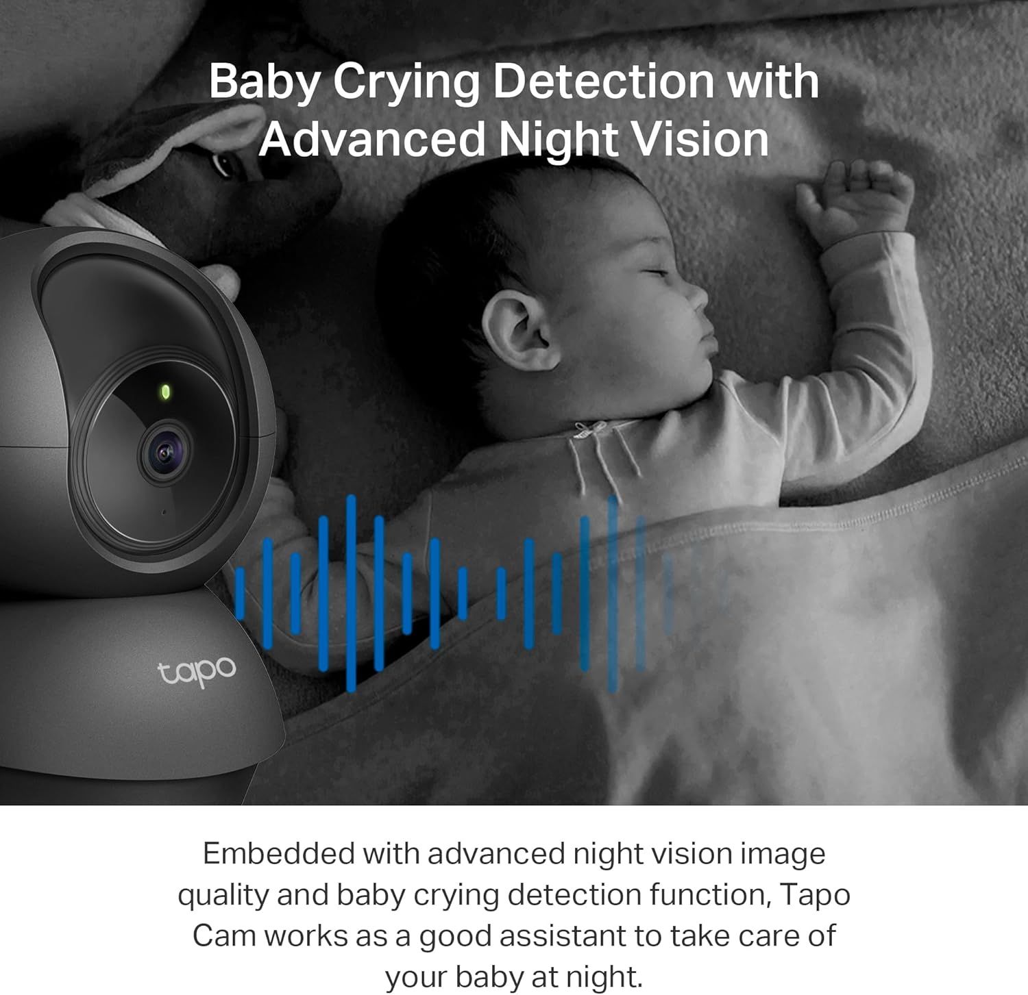 Communicates the product's ability to detect baby crying and provide clear night vision monitoring, reassuring parents that the camera will help them care for their baby at night.