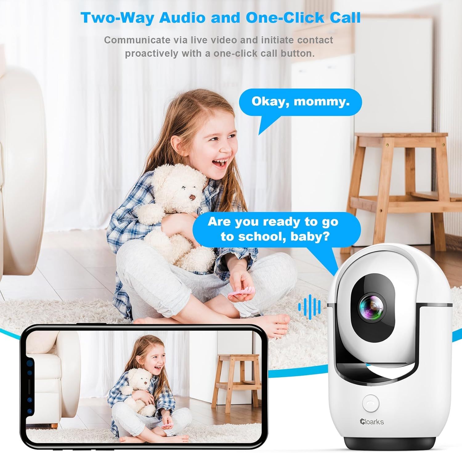 Demonstrates how the camera's two-way audio and one-click call features enable parents to communicate with their child remotely via live video. Highlights the product's two-way audio capability,…