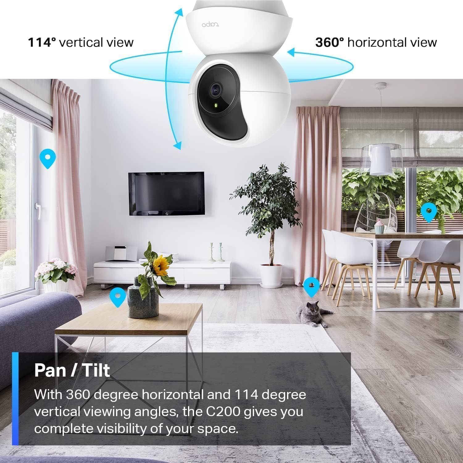 Communicates the camera's comprehensive coverage capabilities with specific viewing angle measurements to reassure shoppers of complete room monitoring. Demonstrates the primary benefit of complete…