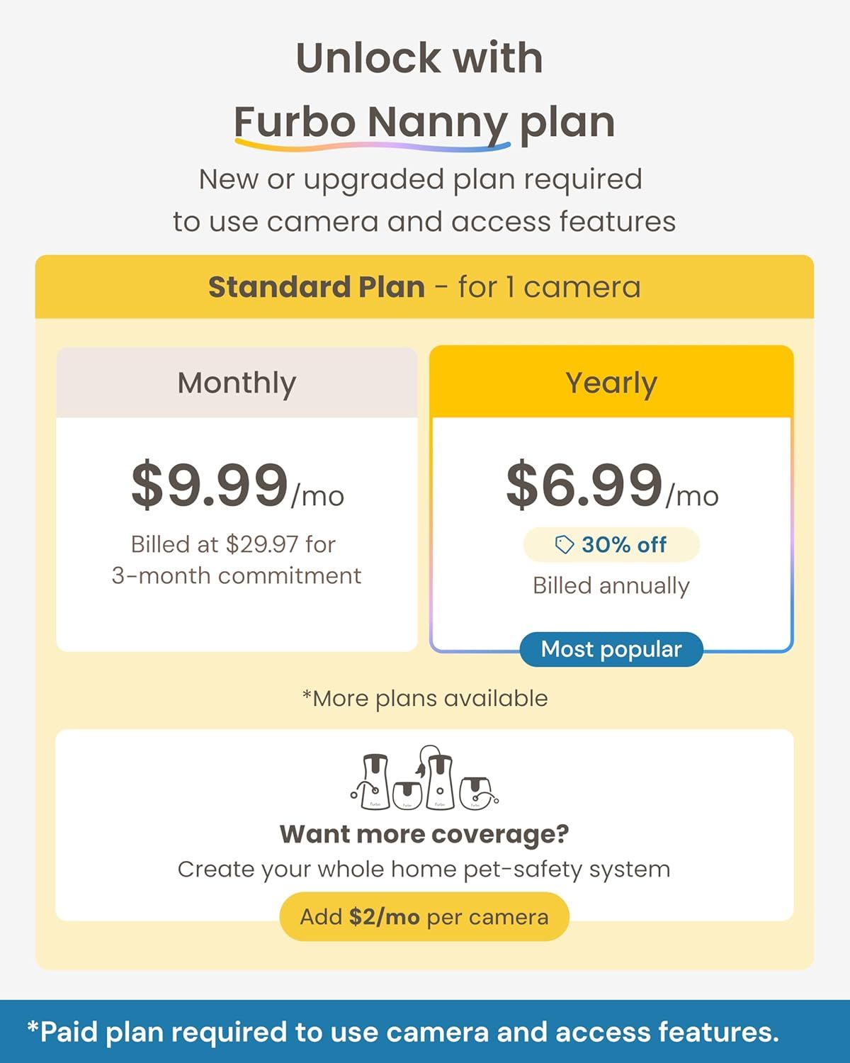This image showcases the brand's subscription plan lineup (Furbo Nanny plan) with multiple pricing tiers and options, helping shoppers understand the service offerings and choose the right plan for…