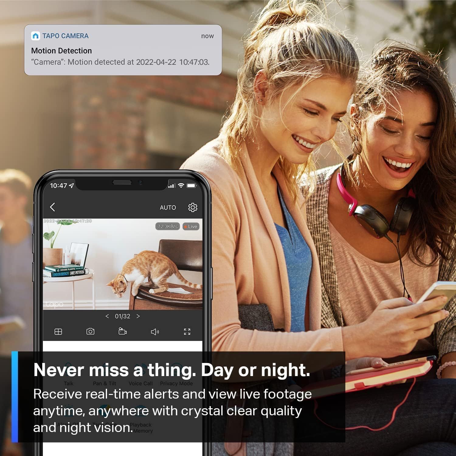 Communicates the camera's ability to send instant motion detection alerts and provide live footage viewing anytime, anywhere, reassuring shoppers they can monitor their home remotely with crystal…