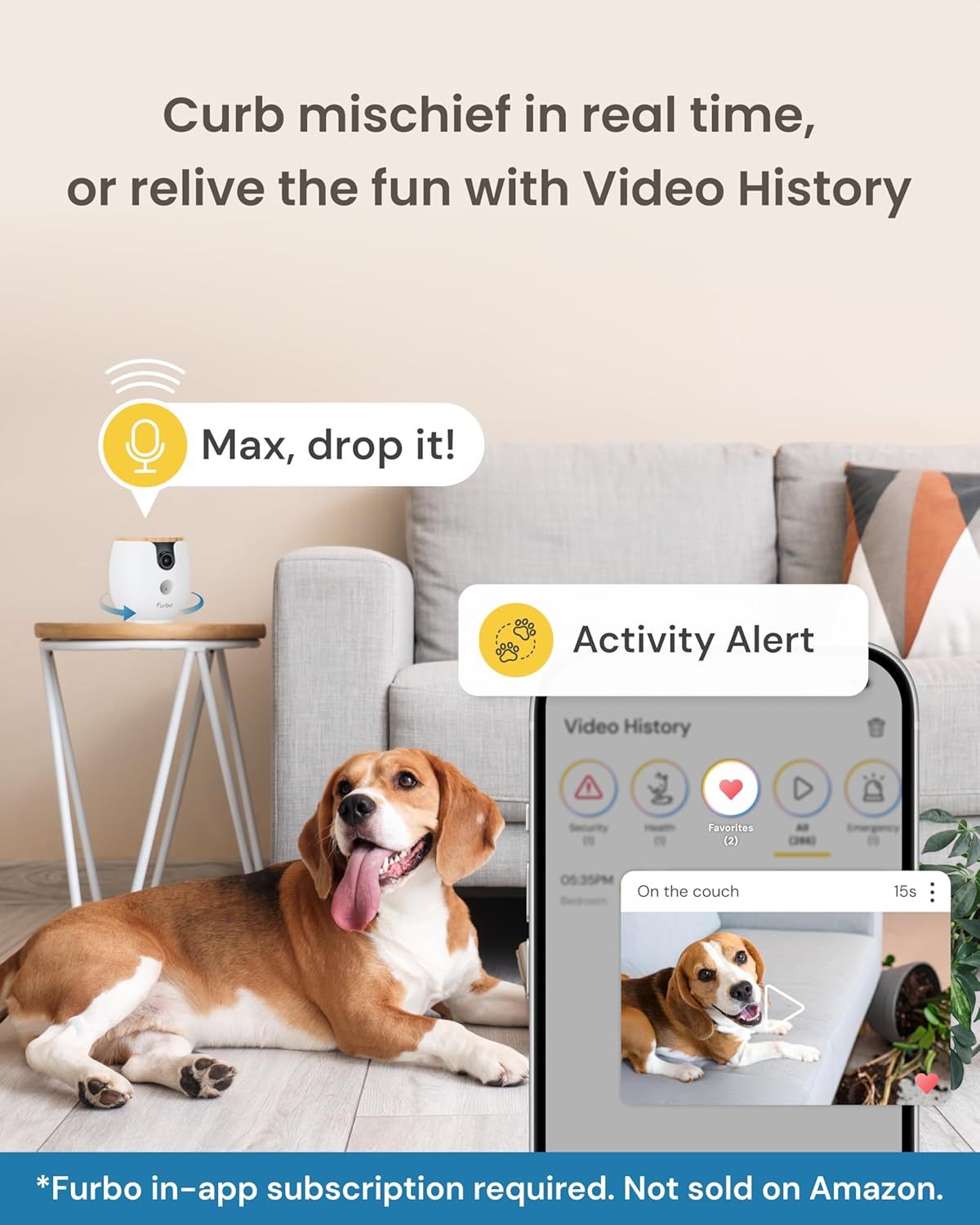 Demonstrates multiple smart features of the pet camera including voice commands, real-time activity notifications, and video playback capabilities to show comprehensive pet monitoring functionality.