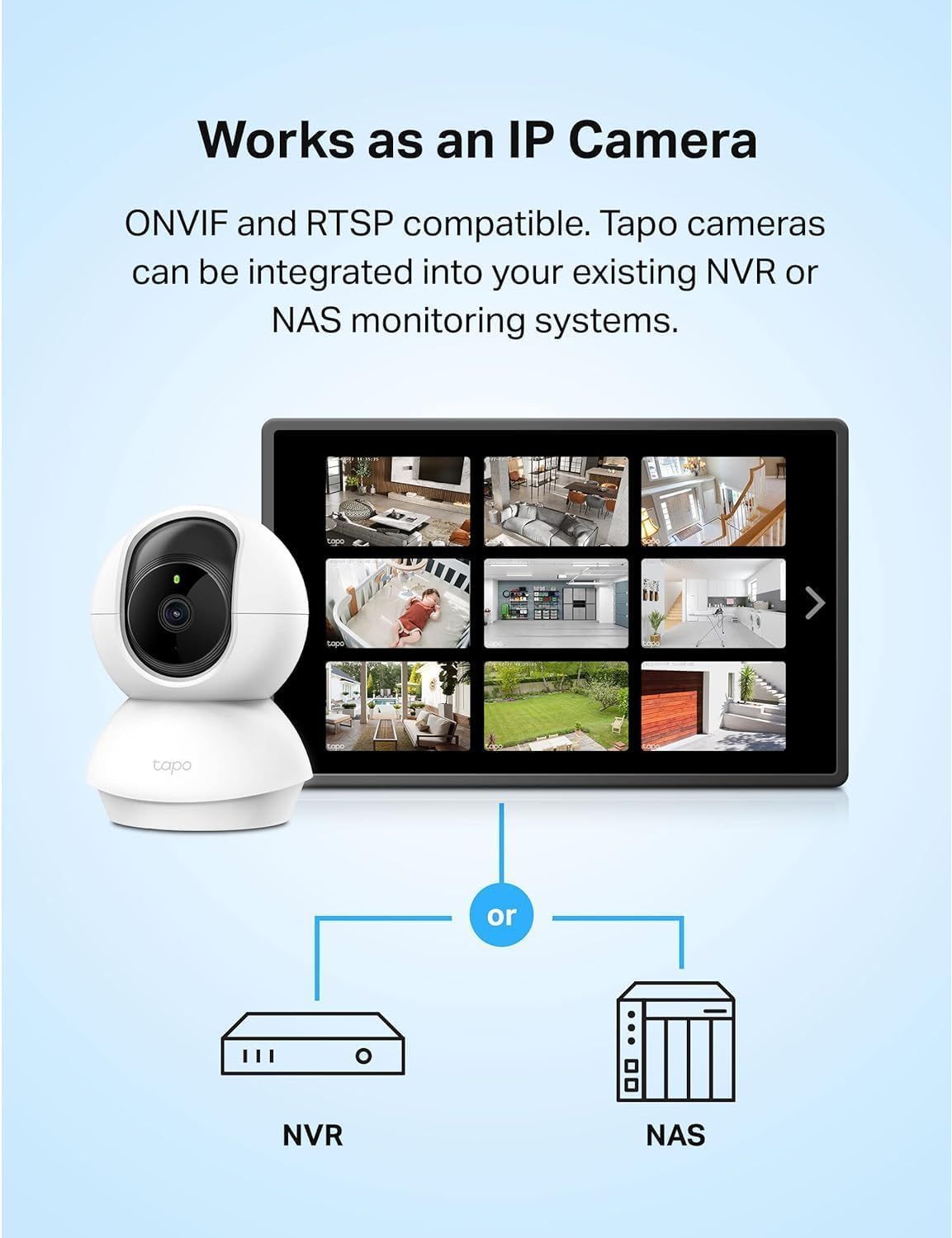 Demonstrates that the Tapo camera can be integrated into existing NVR or NAS monitoring systems using ONVIF and RTSP protocols, showing versatility and compatibility with professional surveillance…