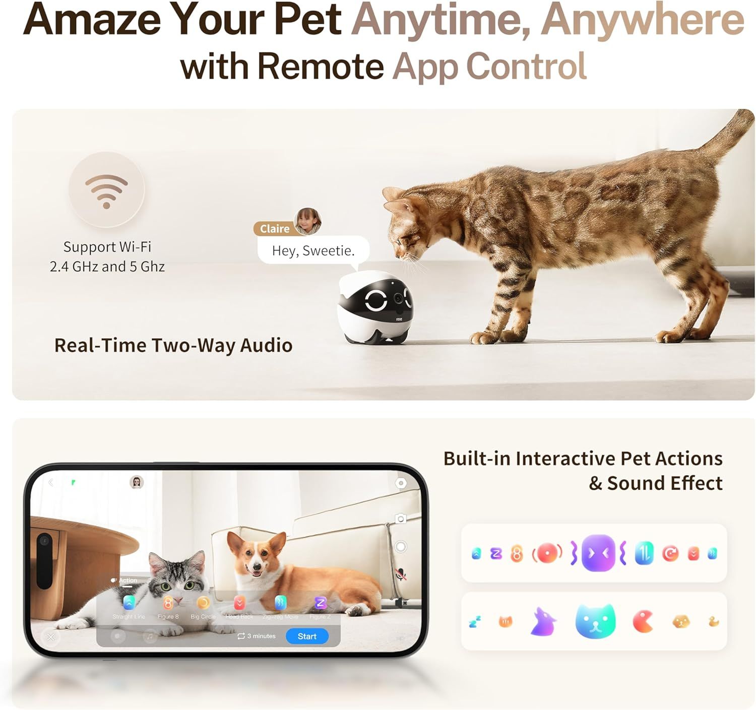 Communicates multiple key features of the pet camera product, including remote app control, Wi-Fi connectivity, two-way audio communication, and built-in interactive pet engagement features to…
