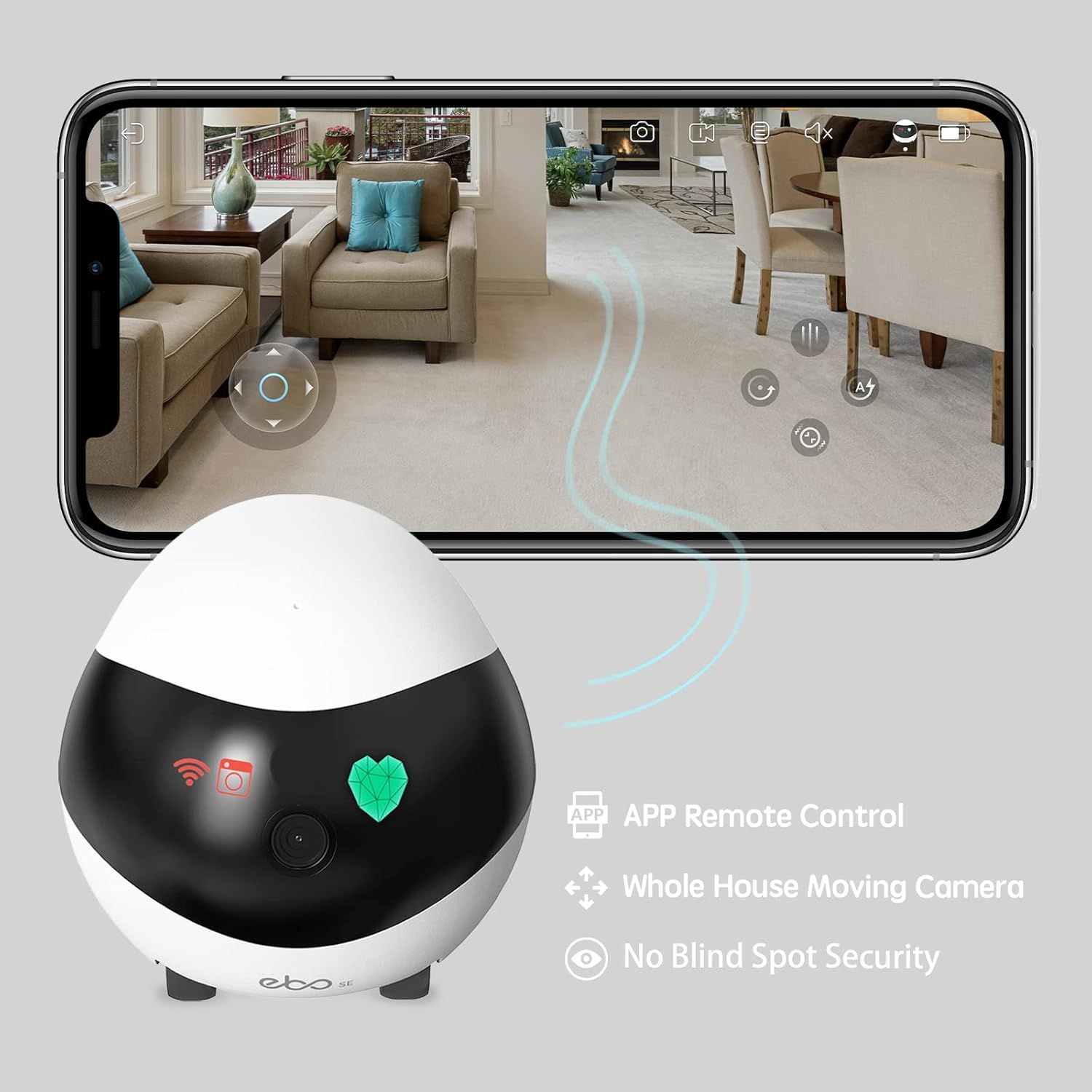 Communicates three distinct benefits of the security camera: app-based remote control, 360-degree movement capability, and comprehensive security coverage with no blind spots.
