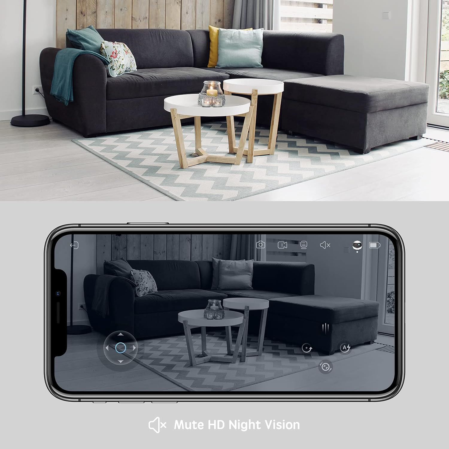 Demonstrates the product's HD night vision capability with mute functionality, showing shoppers how the camera captures clear footage in low-light conditions through a mobile app interface.