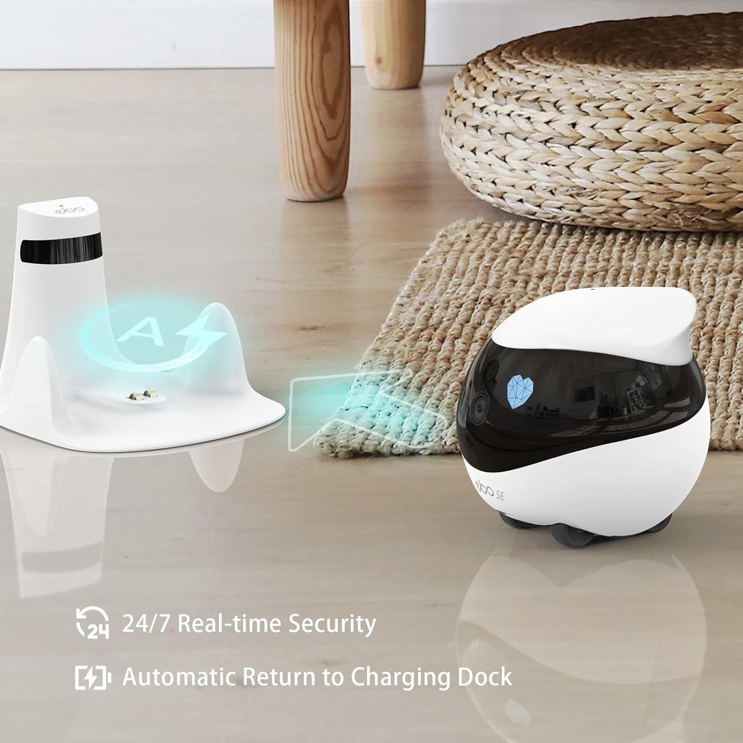 Communicates two distinct benefits of the robotic security device: continuous monitoring capability and autonomous charging functionality to reassure shoppers about reliability and convenience.