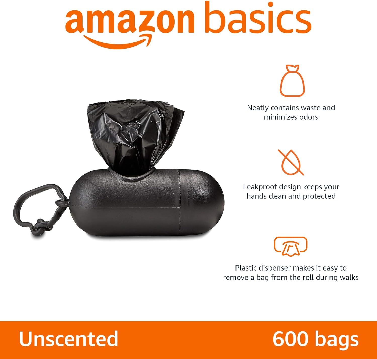 Communicates three distinct benefits of the dog waste bag dispenser: odor minimization, leakproof protection for hands, and convenient bag removal during walks.
