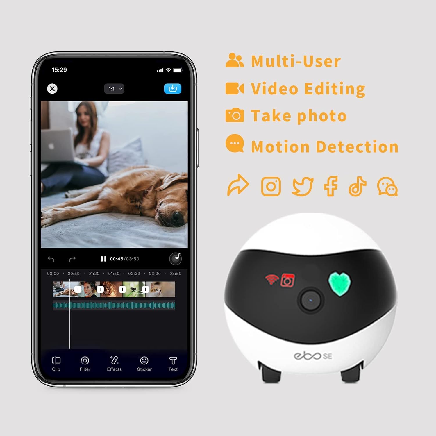 Communicates multiple key features of the security camera including multi-user access, video editing capabilities, photo capture, motion detection, and social media integration to demonstrate the…