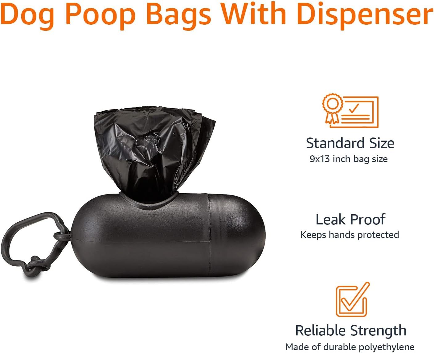 Communicates three distinct product benefits in a segmented layout: the bag size specification, leak-proof protection for hands, and durable construction material.