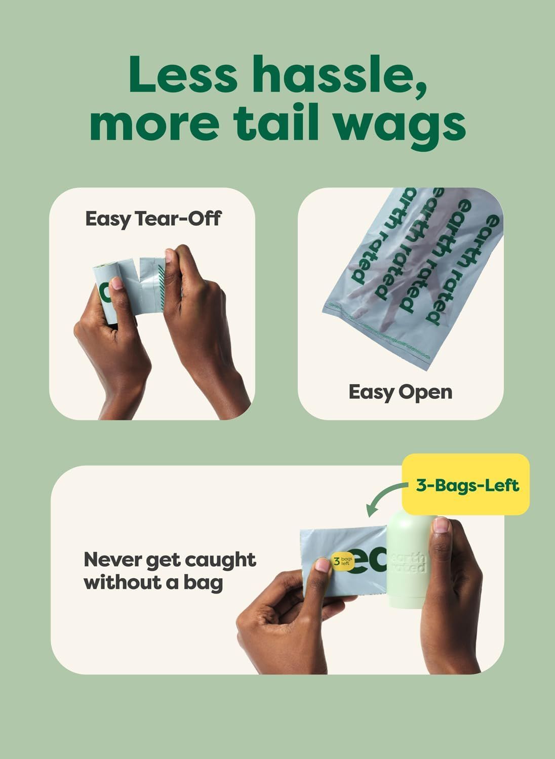 Highlights three distinct convenience features of the dog waste bag packaging to reassure shoppers that the product is user-friendly and practical for everyday use.