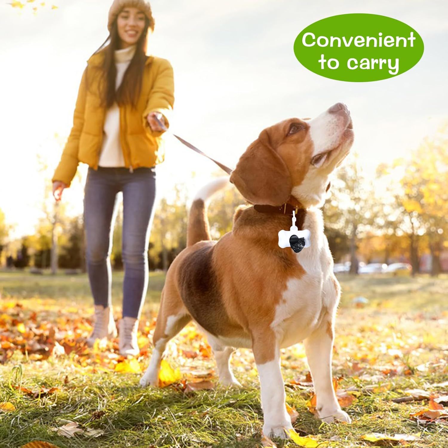 Highlights the product's portability and convenience, showing it's easy to carry during outdoor activities like dog walking.