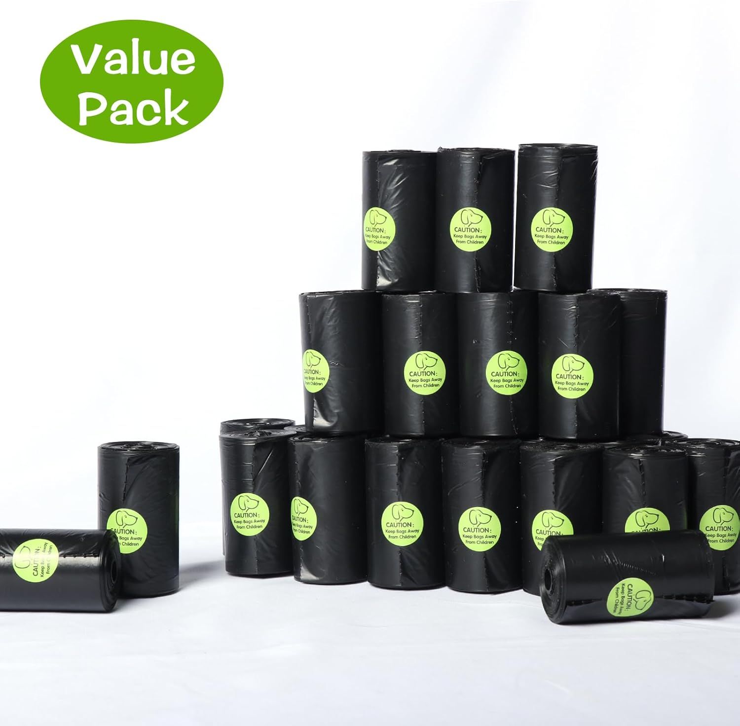 Demonstrates the quantity and value of the bundle by showing multiple rolls of dog waste bags stacked together, reassuring shoppers they're getting a substantial supply.