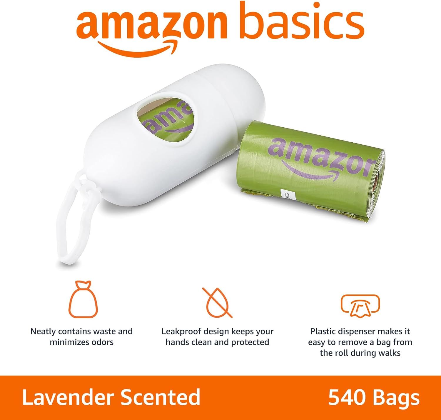 Communicates multiple key benefits of the dog waste bag product including odor containment, leak protection, convenient dispensing, pleasant scent, and generous quantity to reassure shoppers of…