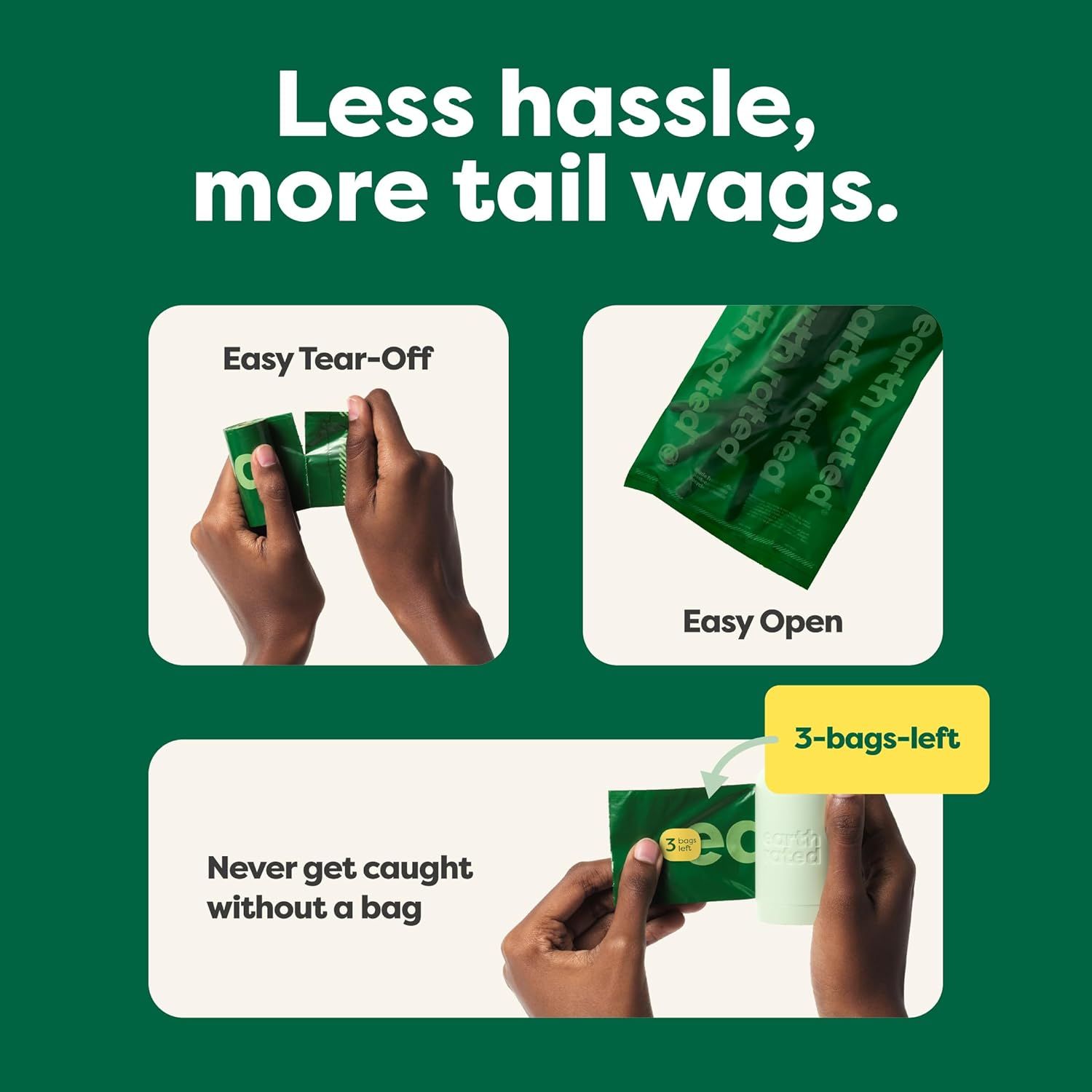 Communicates multiple convenience features of the dog waste bag packaging to show pet owners how the product simplifies waste cleanup with easy-to-use design elements.