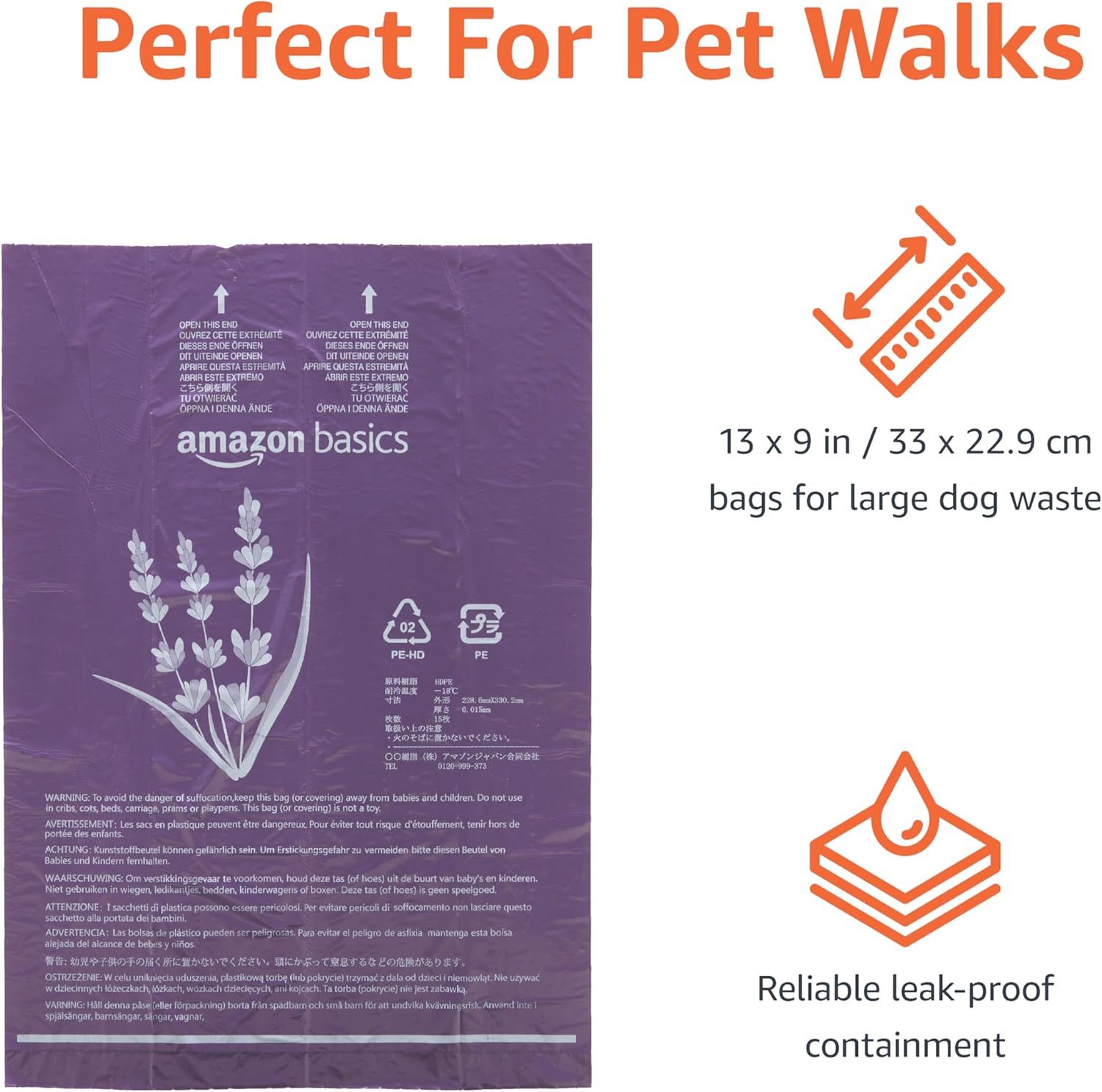 Communicates multiple key benefits of the dog waste bags including their large size (13 x 9 in), leak-proof reliability, and suitability for pet walks, helping shoppers understand the product's…