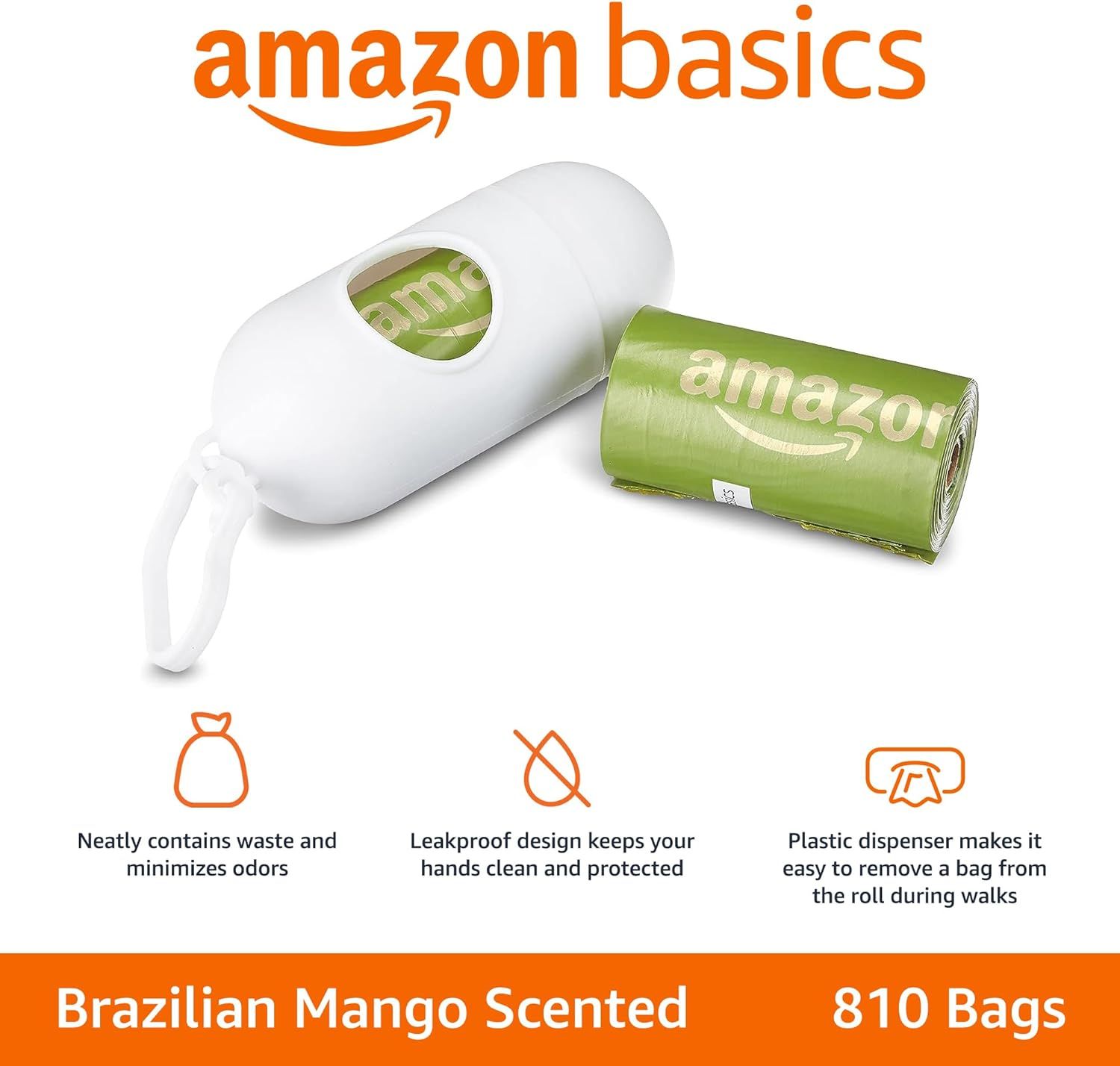 Communicates three distinct product benefits in a segmented layout: waste containment with odor minimization, leakproof protection for hands, and convenient bag dispensing during walks.