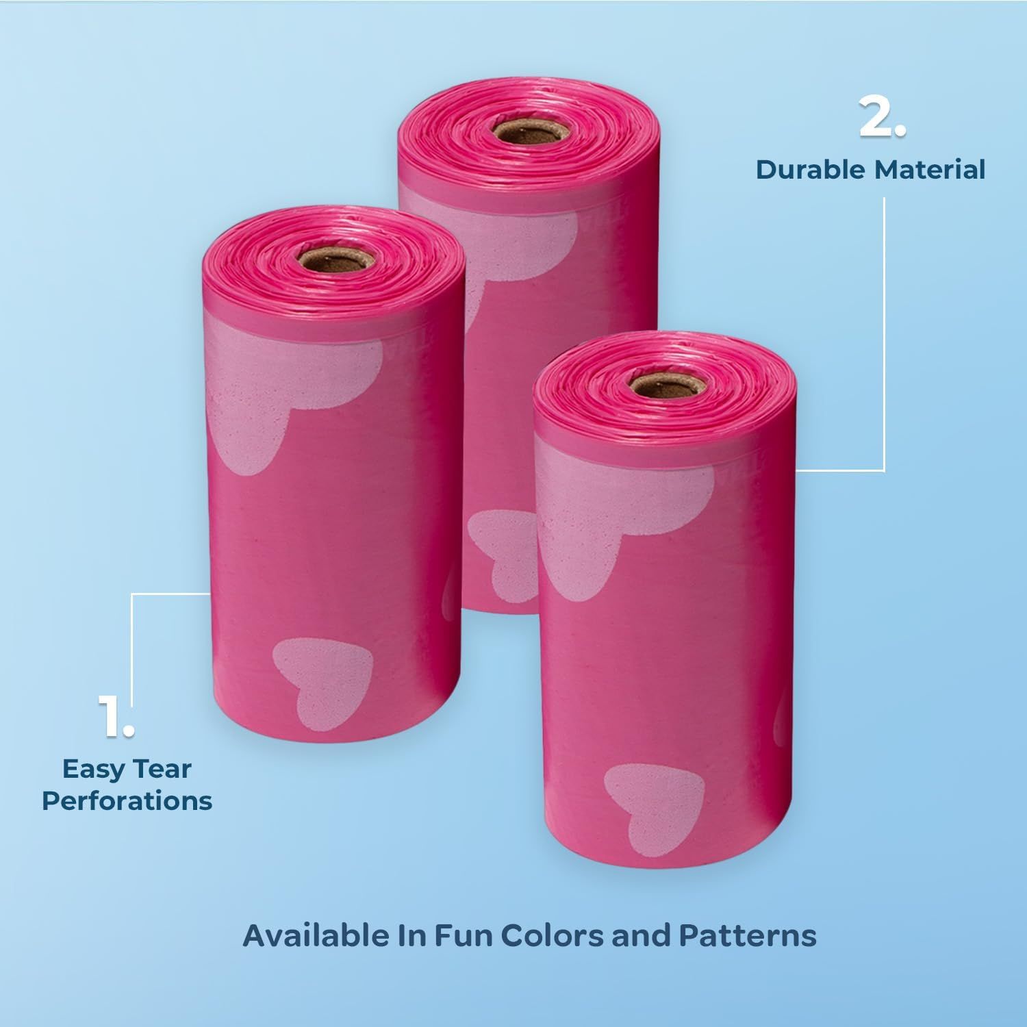 Highlights two distinct product benefits: easy-tear perforations for convenience and durable material for reliability, reassuring shoppers of quality and ease of use.