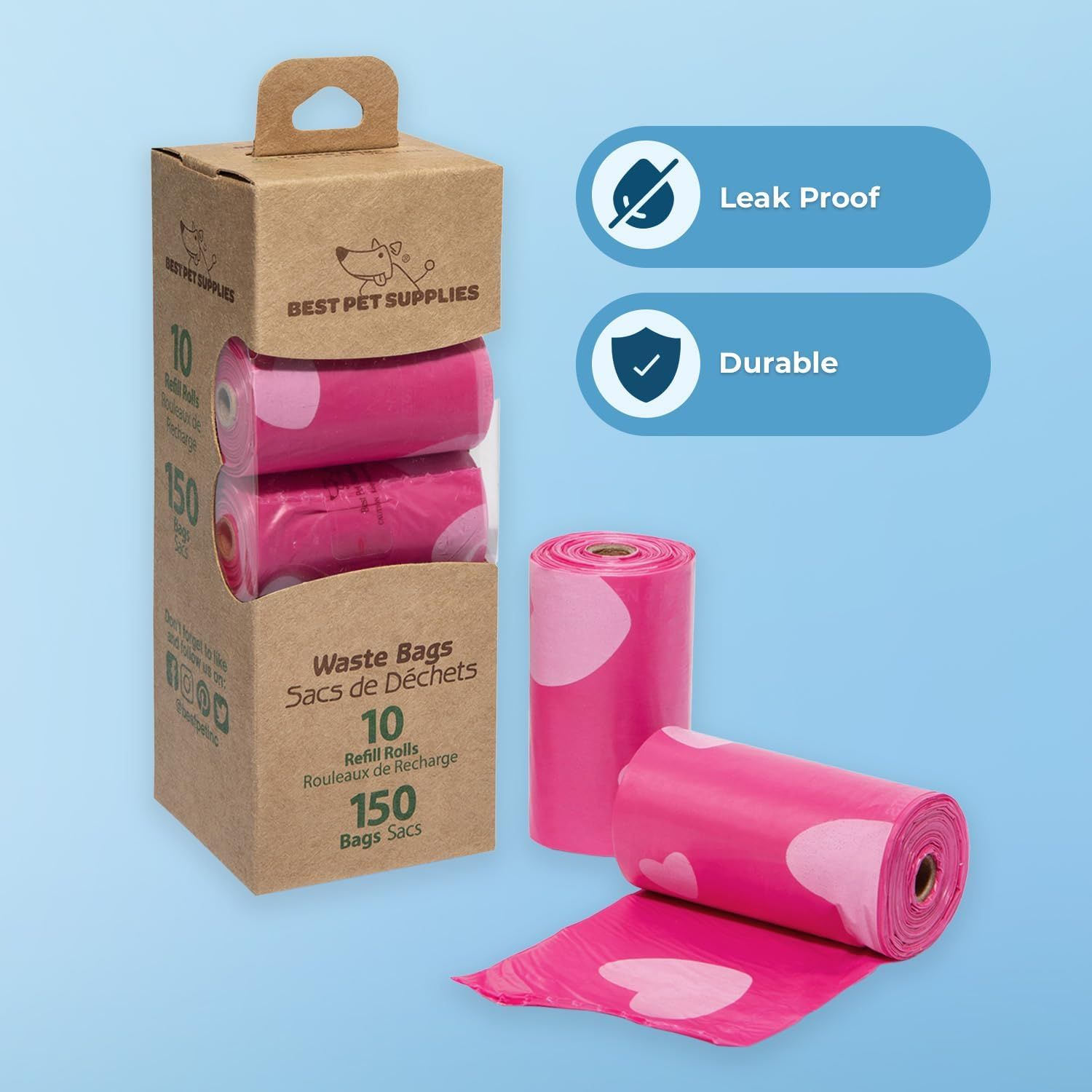 Highlights two key product benefits—leak-proof protection and durability—to reassure pet owners that these waste bags are reliable and long-lasting.