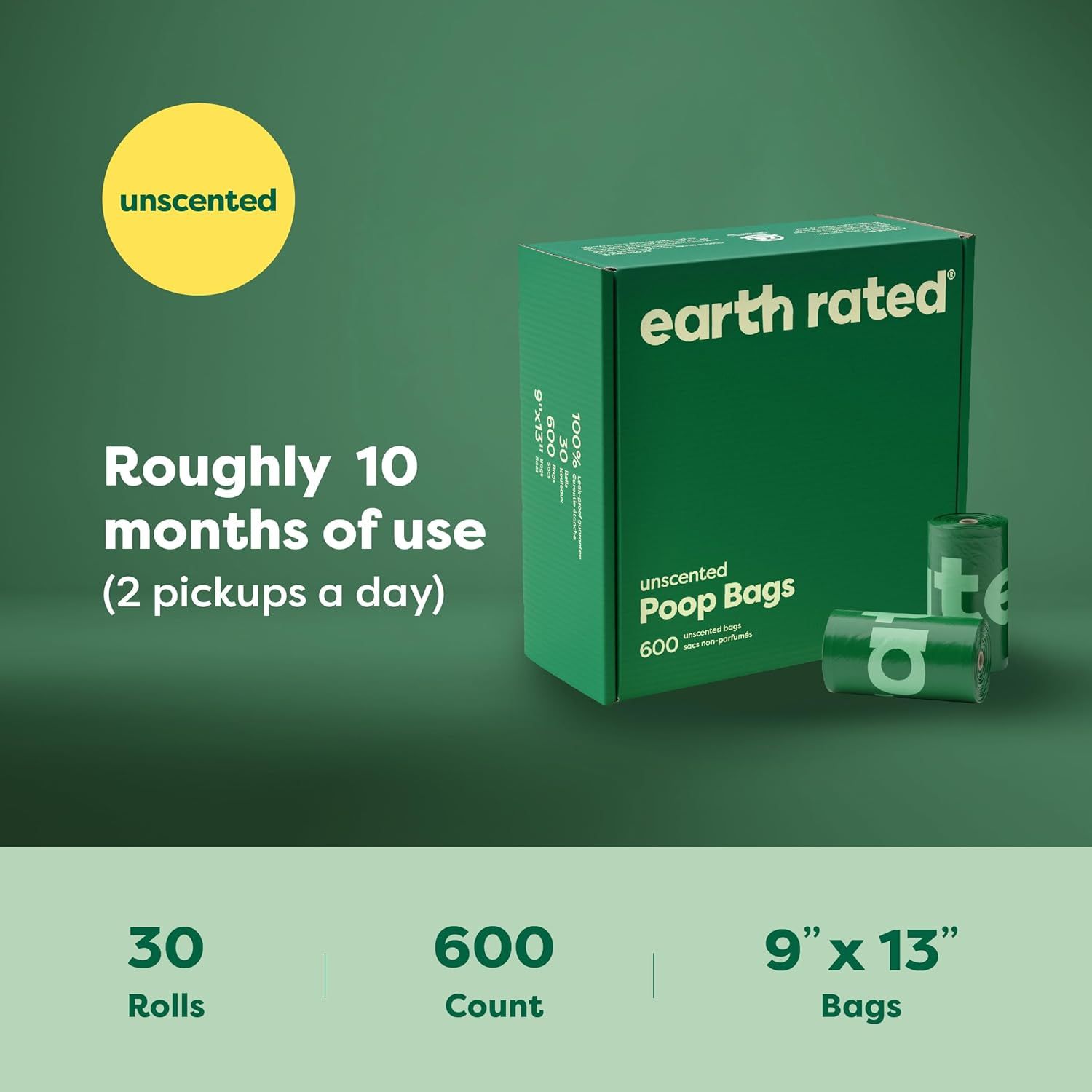 Communicates the value and longevity of the product by highlighting that 600 bags provide roughly 10 months of use, reassuring shoppers about the quantity and practical lifespan of their purchase.…