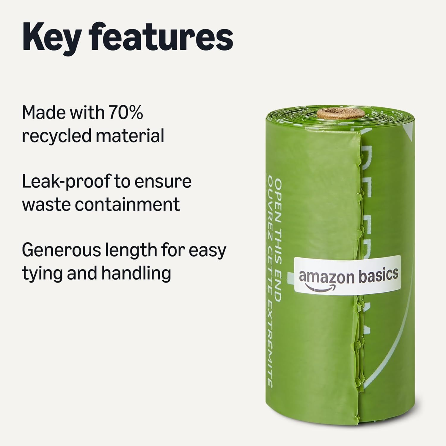 Communicates three distinct product benefits in a segmented text layout: environmental responsibility through recycled materials, reliability through leak-proof design, and convenience through…
