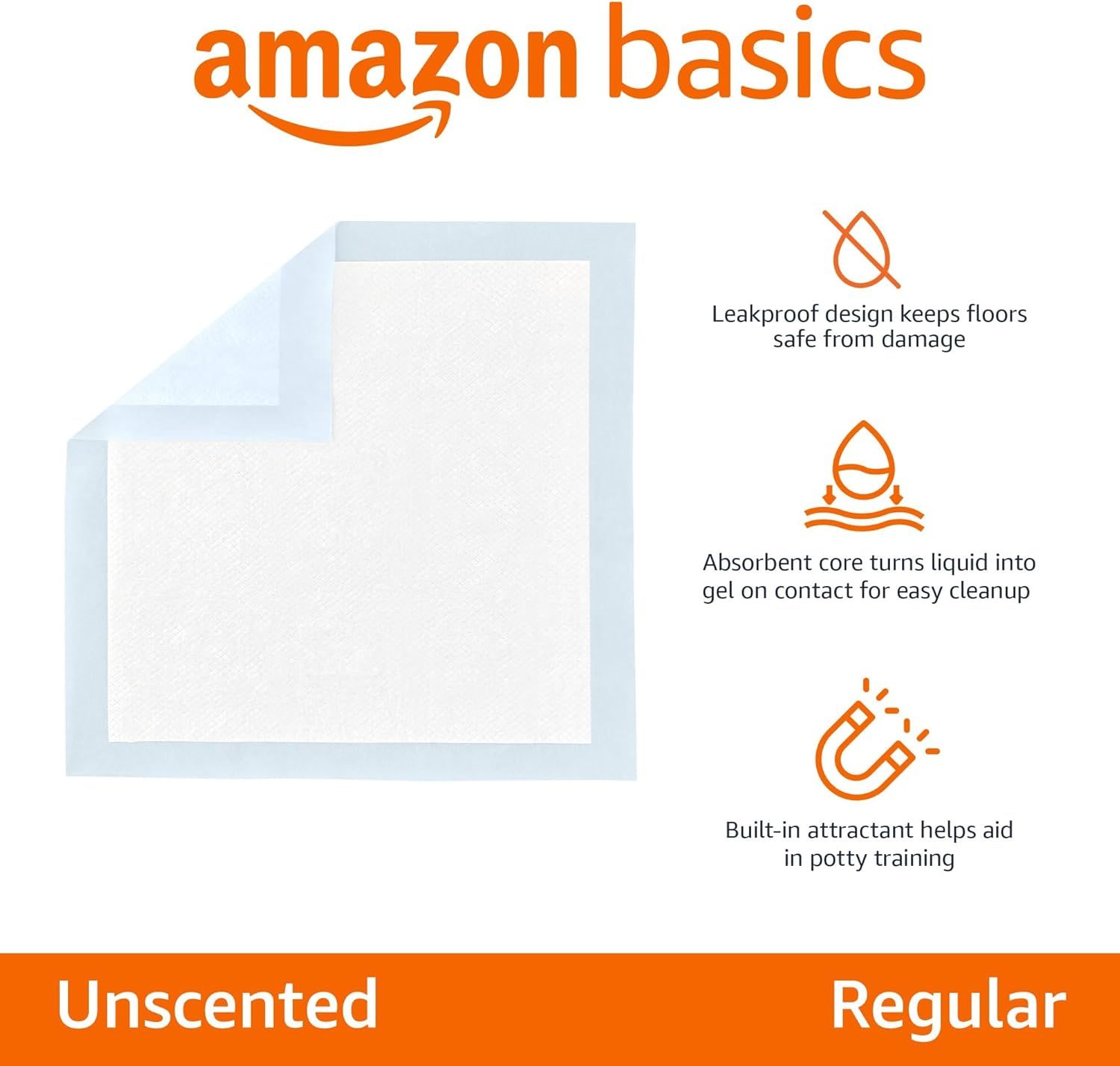 Communicates three distinct product benefits in a segmented layout with icons and text to show why this training pad is effective and convenient.