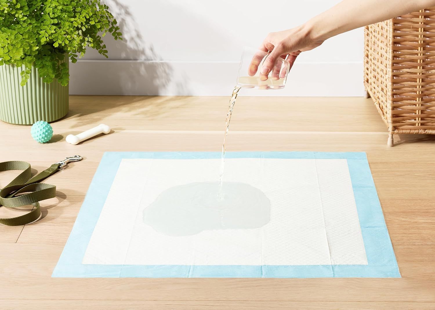 Demonstrates the product's waterproof and leak-proof capability by showing water being poured directly onto the pad without leaking through, reassuring pet owners of its protective performance.