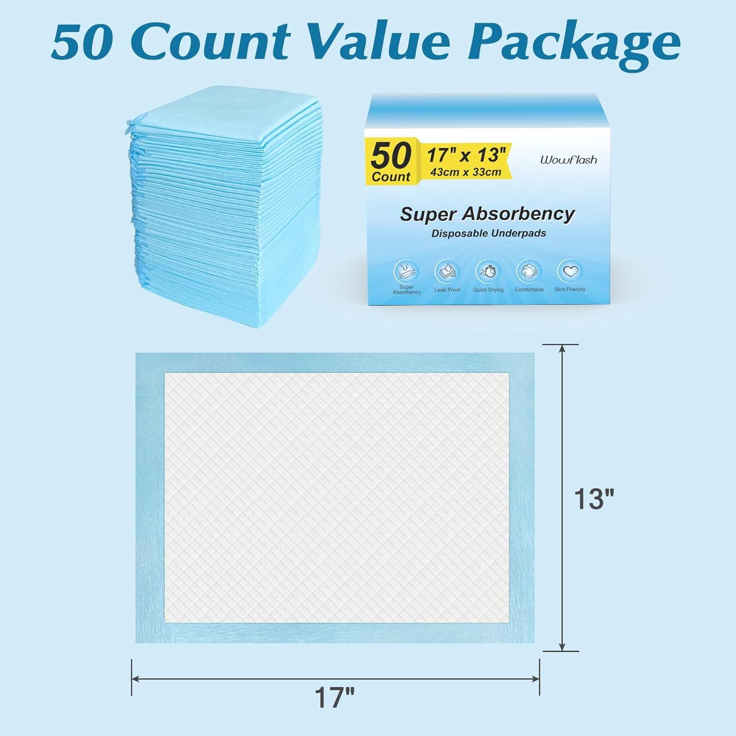 Communicates the exact physical size of each underpad to help shoppers determine if it fits their needs. Highlights multiple key benefits of the product through icons and text to reassure shoppers…