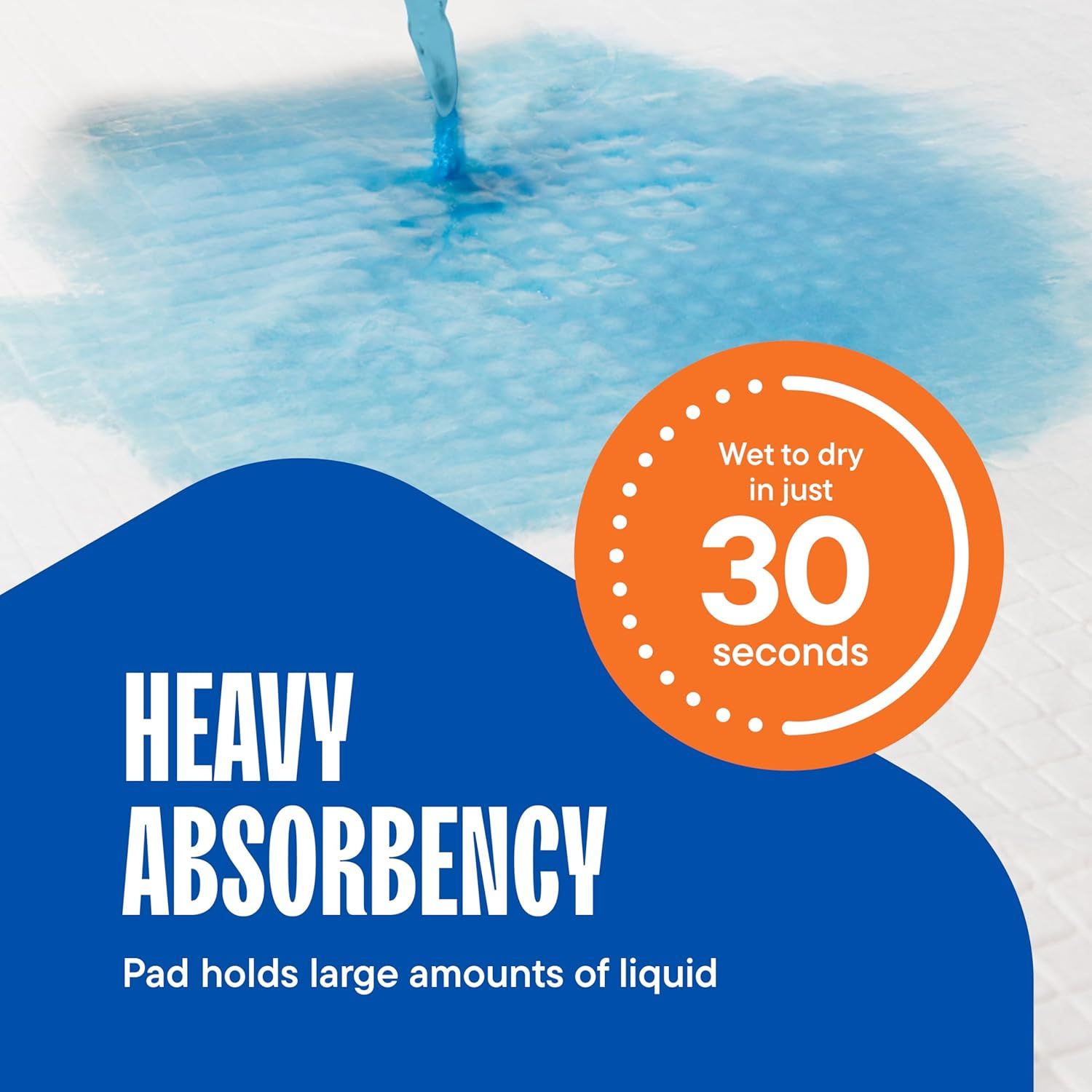 Communicates the product's quick-drying performance (30 seconds) and heavy absorbency capacity to reassure shoppers of its efficiency and effectiveness. Highlights the core benefit of heavy liquid…