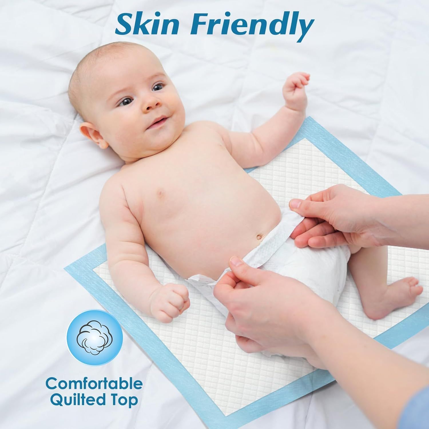 Communicates that the product is gentle on baby's skin and features a soft, quilted surface for comfort during diaper changes.