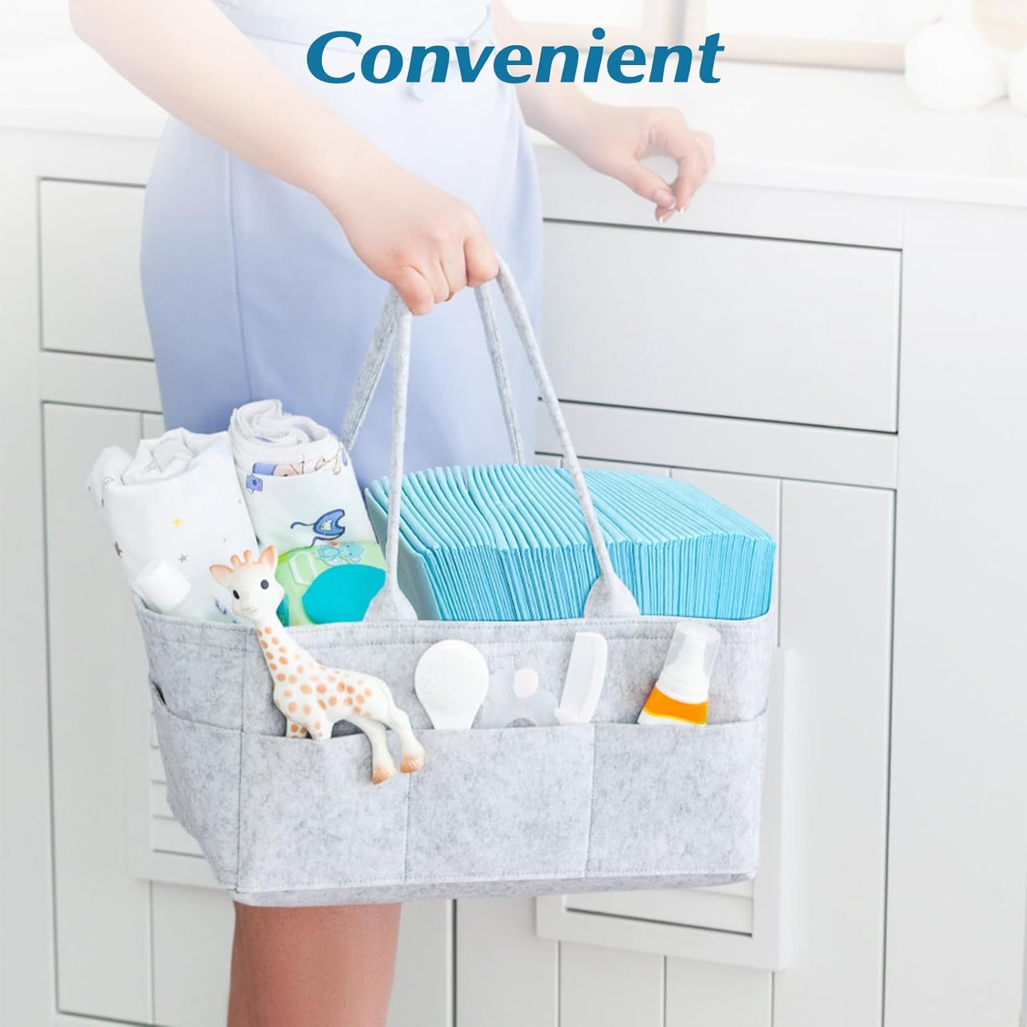 Demonstrates the product's convenience by showing how it organizes and carries baby essentials in one portable caddy, making it easy for parents to keep everything accessible.