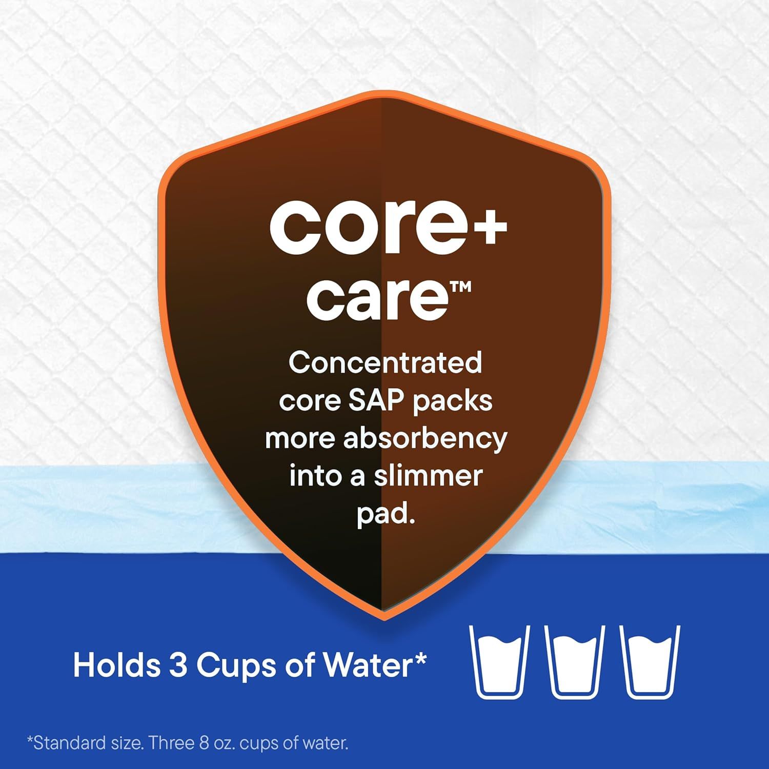 Communicates the product's superior absorbency by stating it holds 3 cups of water, reassuring shoppers of its effectiveness and capacity. Highlights the proprietary core+ care technology that…