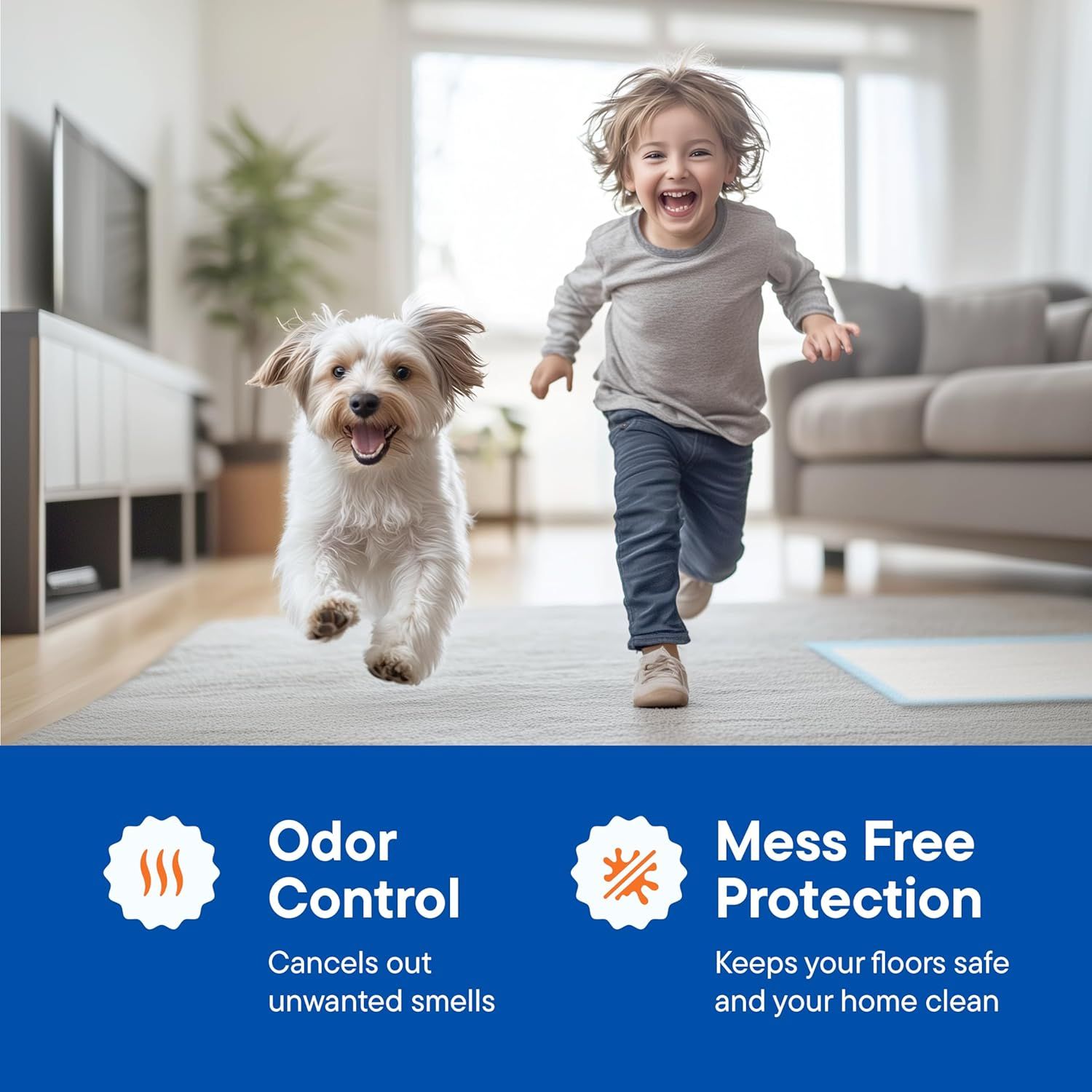 Communicates two distinct product benefits in a segmented layout: odor control to eliminate unwanted smells and mess-free protection to keep floors and homes clean, reassuring pet owners of…