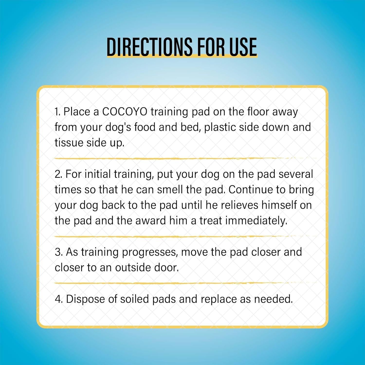Provides clear, numbered instructions to guide dog owners through the process of using training pads effectively, from initial placement to progressive training and disposal.
