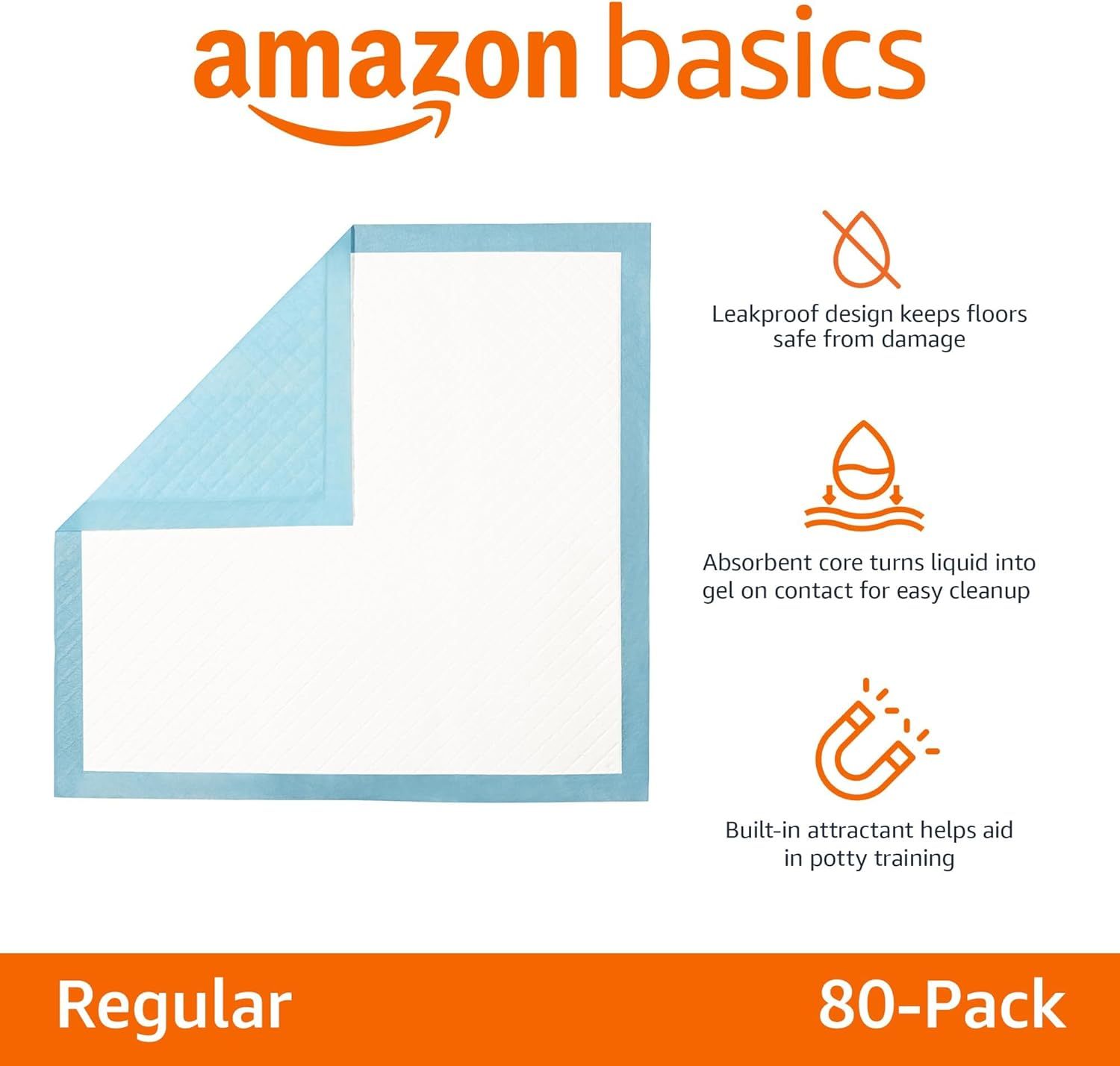 Communicates three distinct product benefits in a segmented layout with icons and text to show why this training pad is effective and convenient for pet owners.