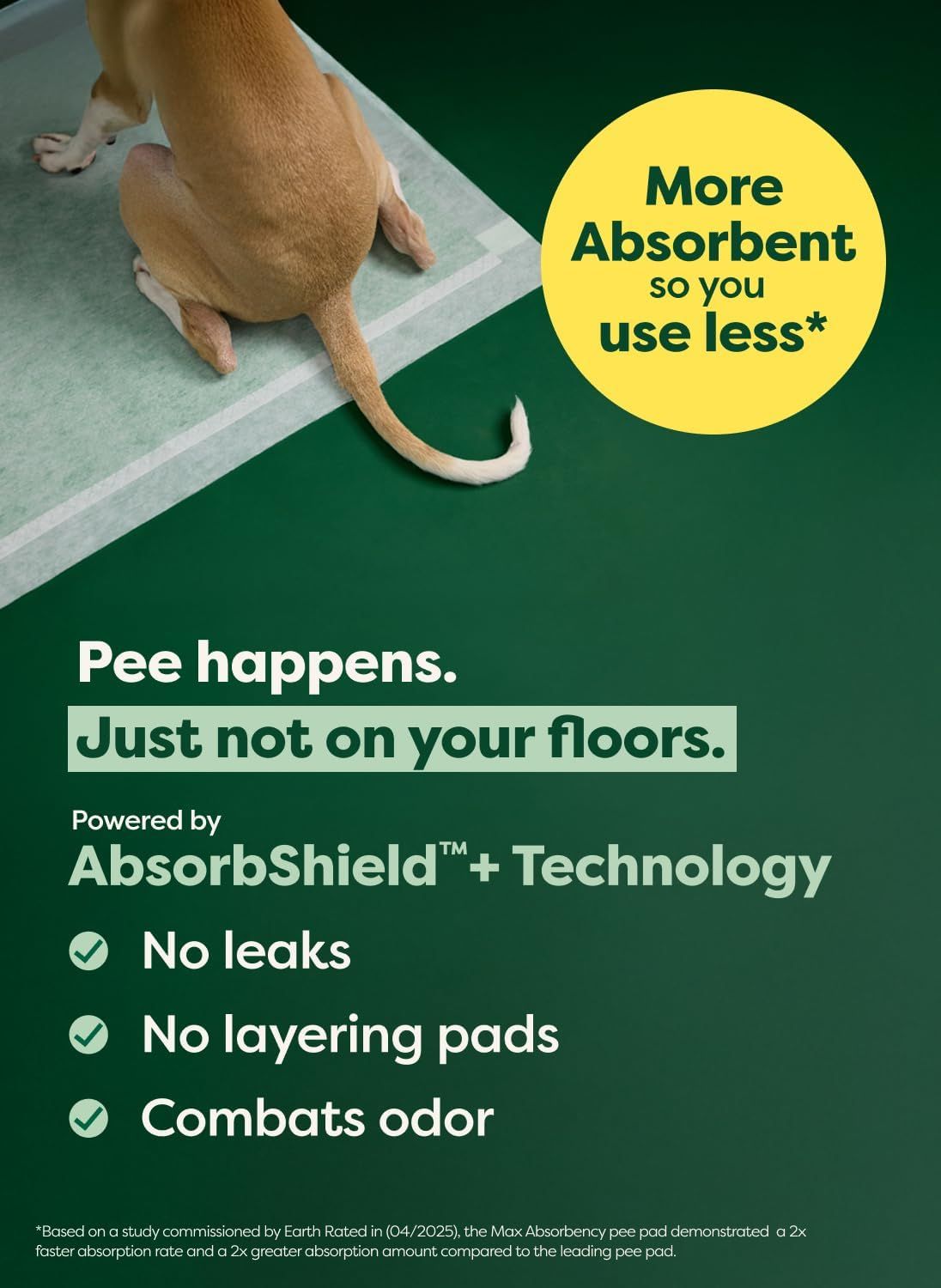 Communicates multiple key benefits of the pet pee pad through a segmented layout with checkmarked features, emphasizing superior absorbency technology and multiple performance advantages to reassure…