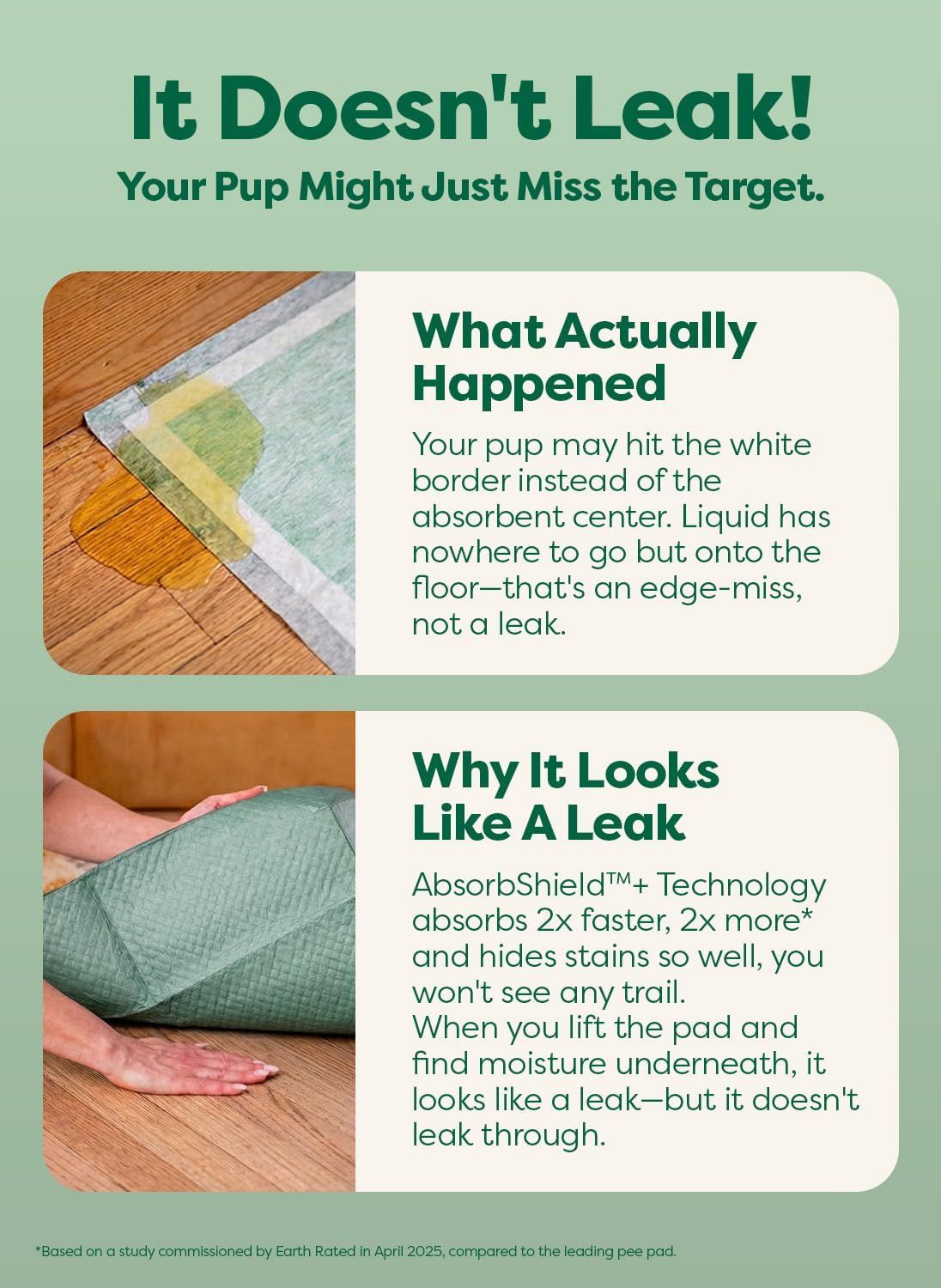 Educates shoppers on why the pee pad may appear to leak when it actually doesn't, explaining the difference between edge-miss and actual leakage to address common concerns and demonstrate the…