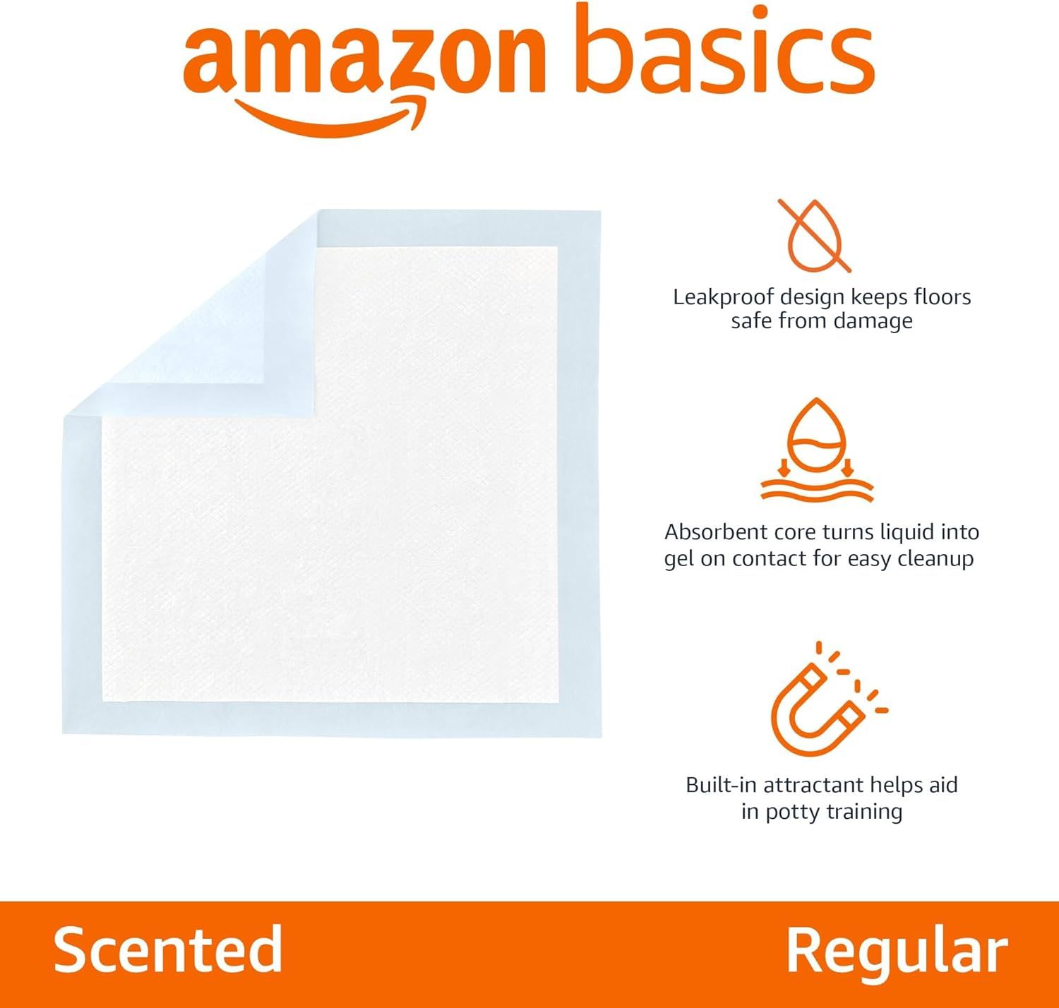 Communicates three distinct product benefits in a segmented layout with icons and text to show why this training pad is effective and convenient.