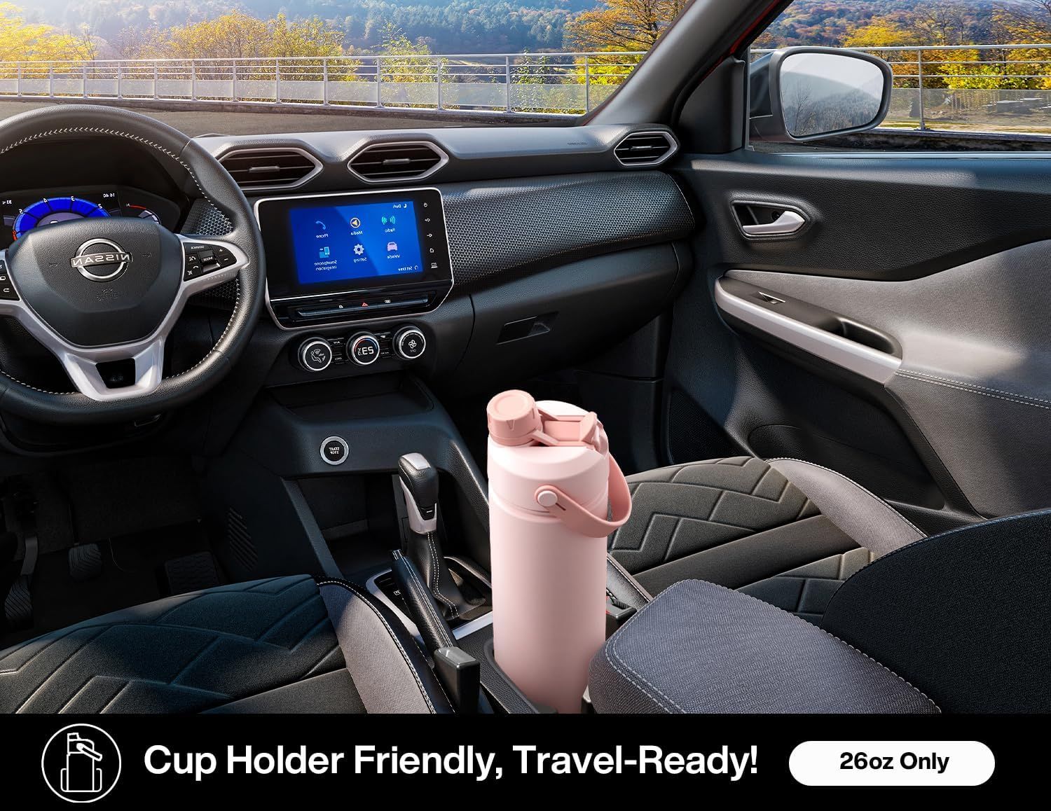 Demonstrates that the water bottle fits perfectly in a car cup holder, making it convenient for travel and on-the-go use.