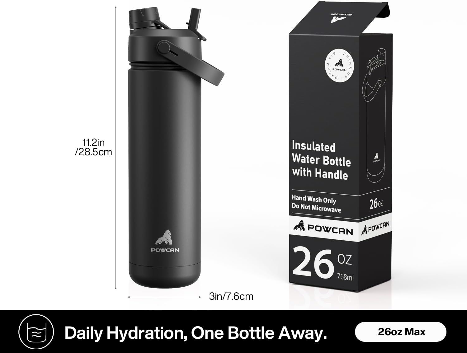 Communicates the exact physical size and capacity of the water bottle to help shoppers understand how large the product is and how much liquid it holds. Shows what the customer receives when…